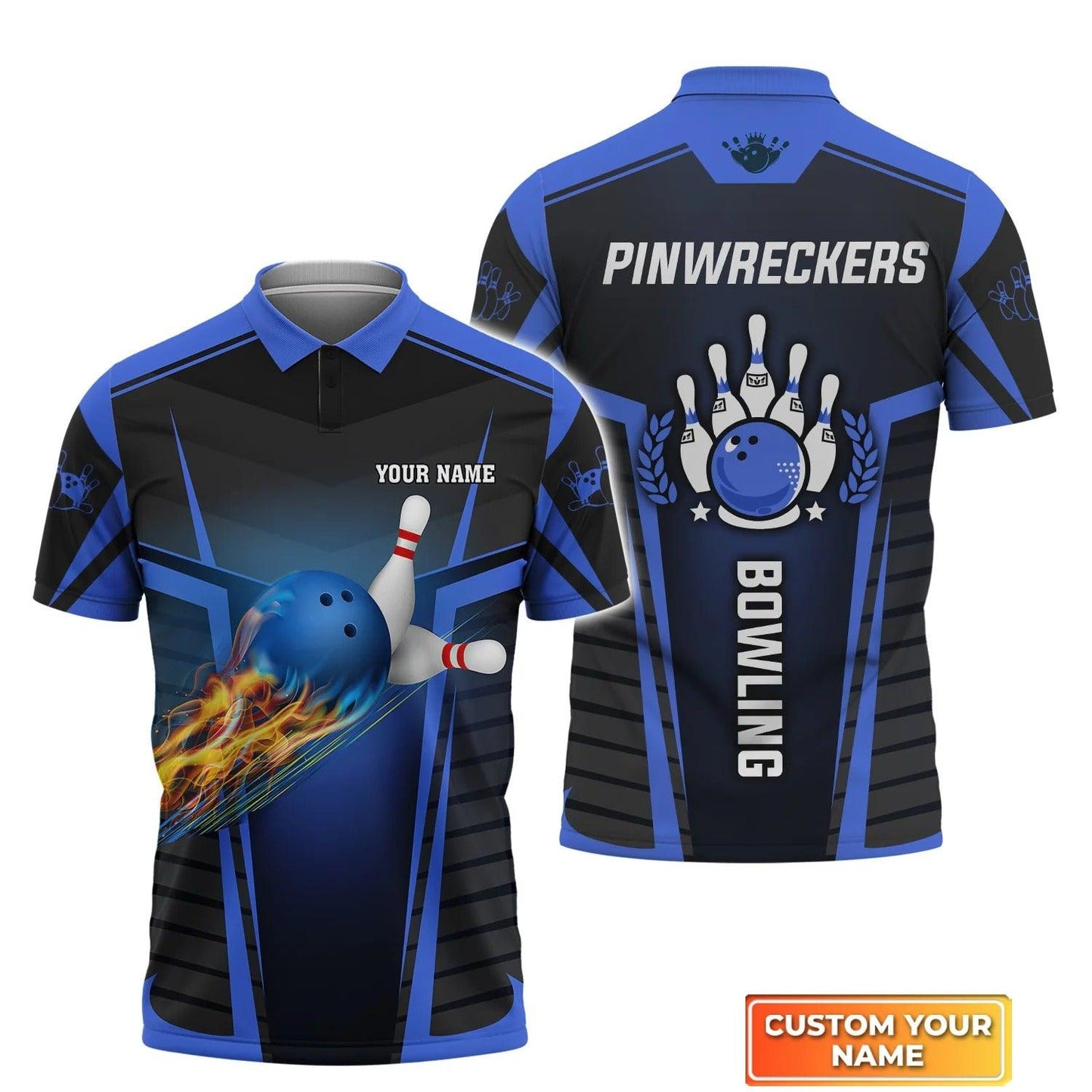 Bowling Custom Men Polo Shirt - Custom Name PINWRECKERS The Blue Bowling Ball in Flames Breaks White Skittles Personalized Bowling Polo Shirt - Perfect Gift For Friend, Family - Amzanimalsgift