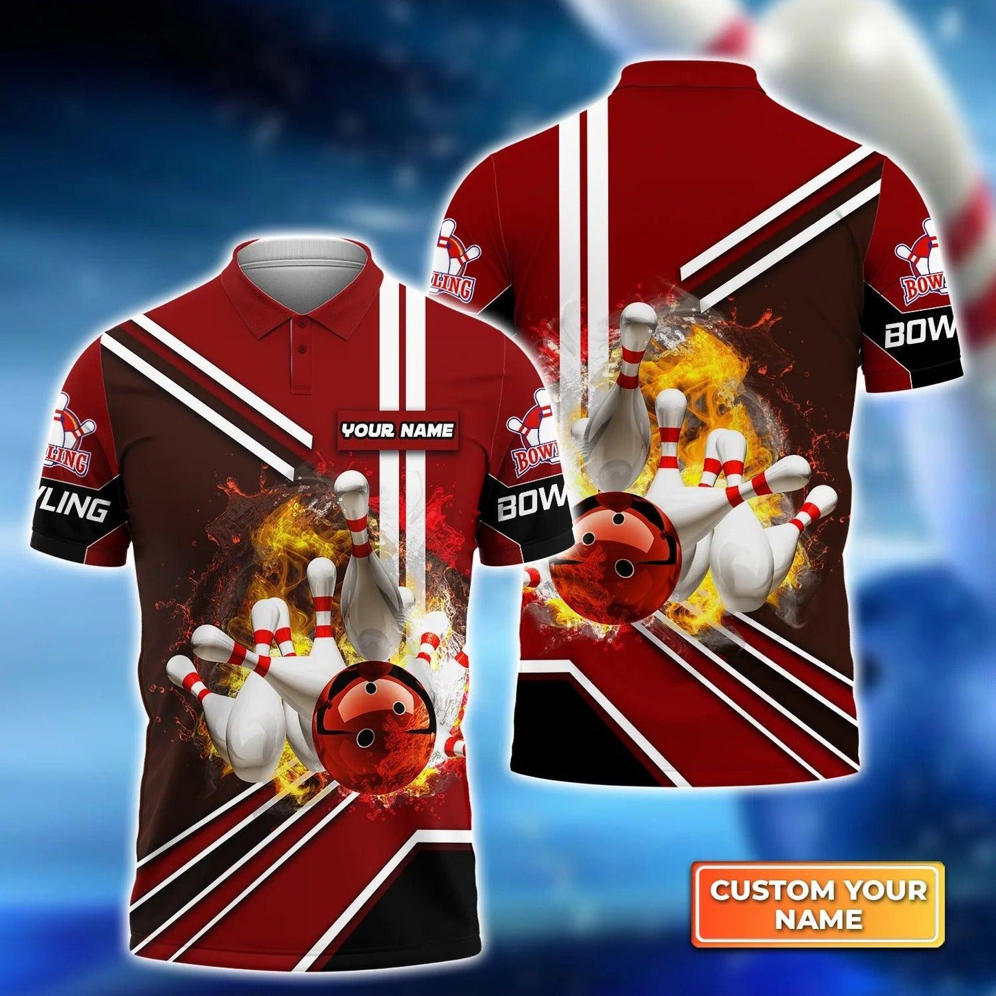 Bowling Custom Men Polo Shirt - Custom Name Red Bowling Ball On Fire Crashing Pins Personalized Bowling Polo Shirt - Perfect Gift For Friend, Family - Amzanimalsgift