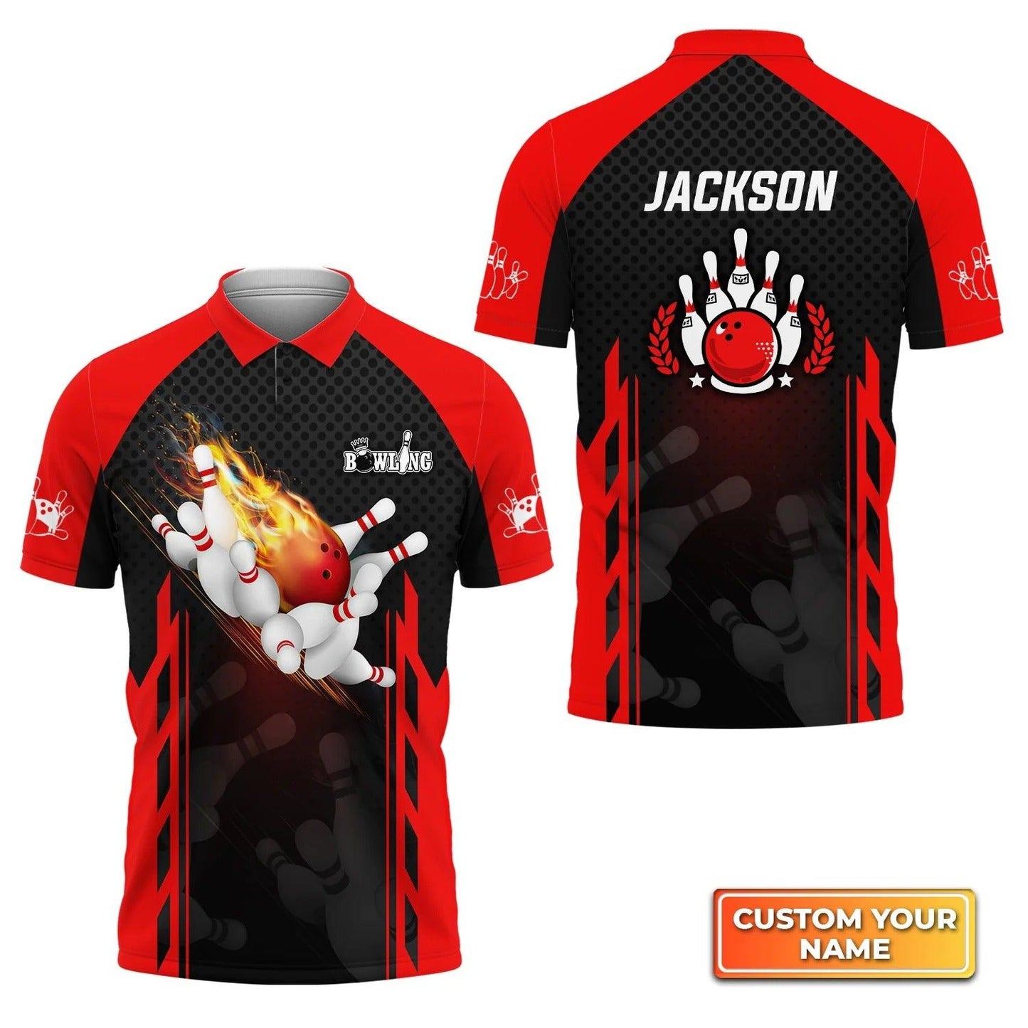 Bowling Custom Men Polo Shirt - Custom Name Red Bowling Ball On Fire Personalized Bowling Polo Shirt - Perfect Gift For Friend, Family - Amzanimalsgift