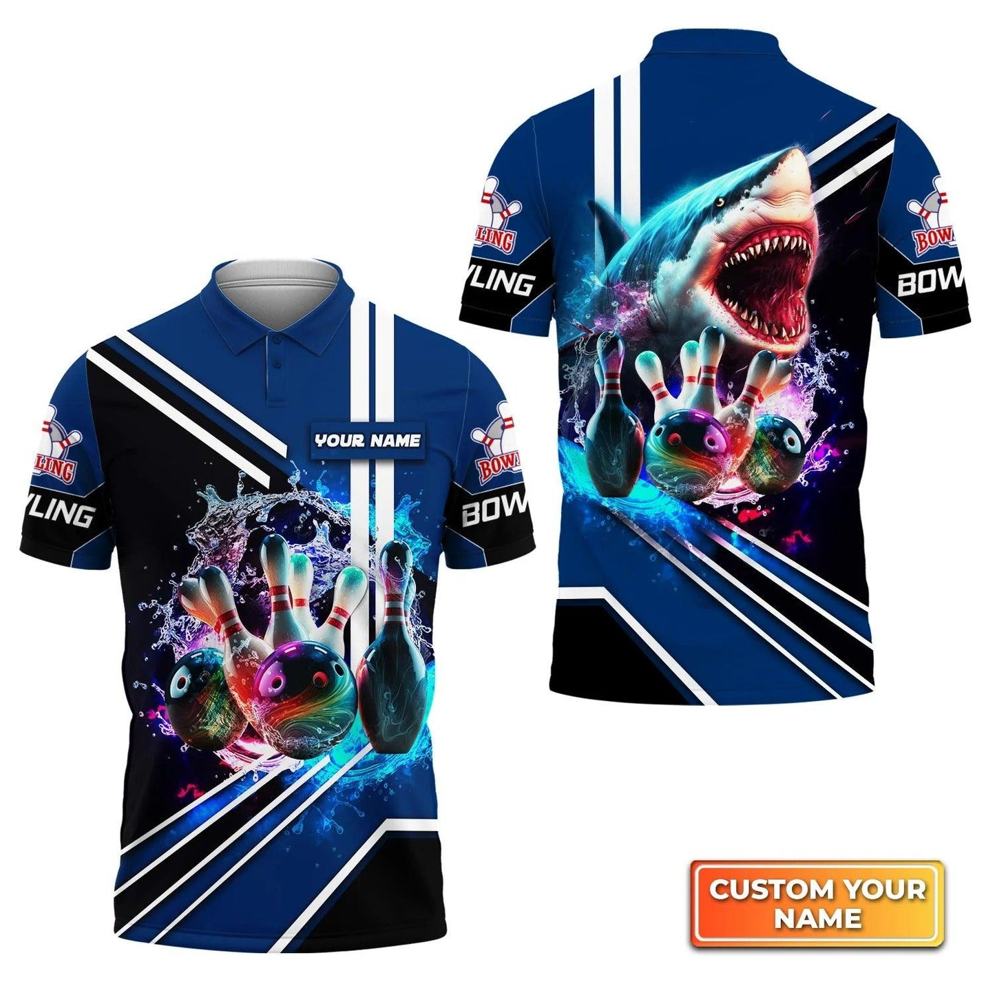 Bowling Custom Men Polo Shirt - Custom Name Shark Team Rainbow Bowling Ball And Pins On Water Personalized Bowling Polo Shirt - Perfect Gift For Friend, Family - Amzanimalsgift