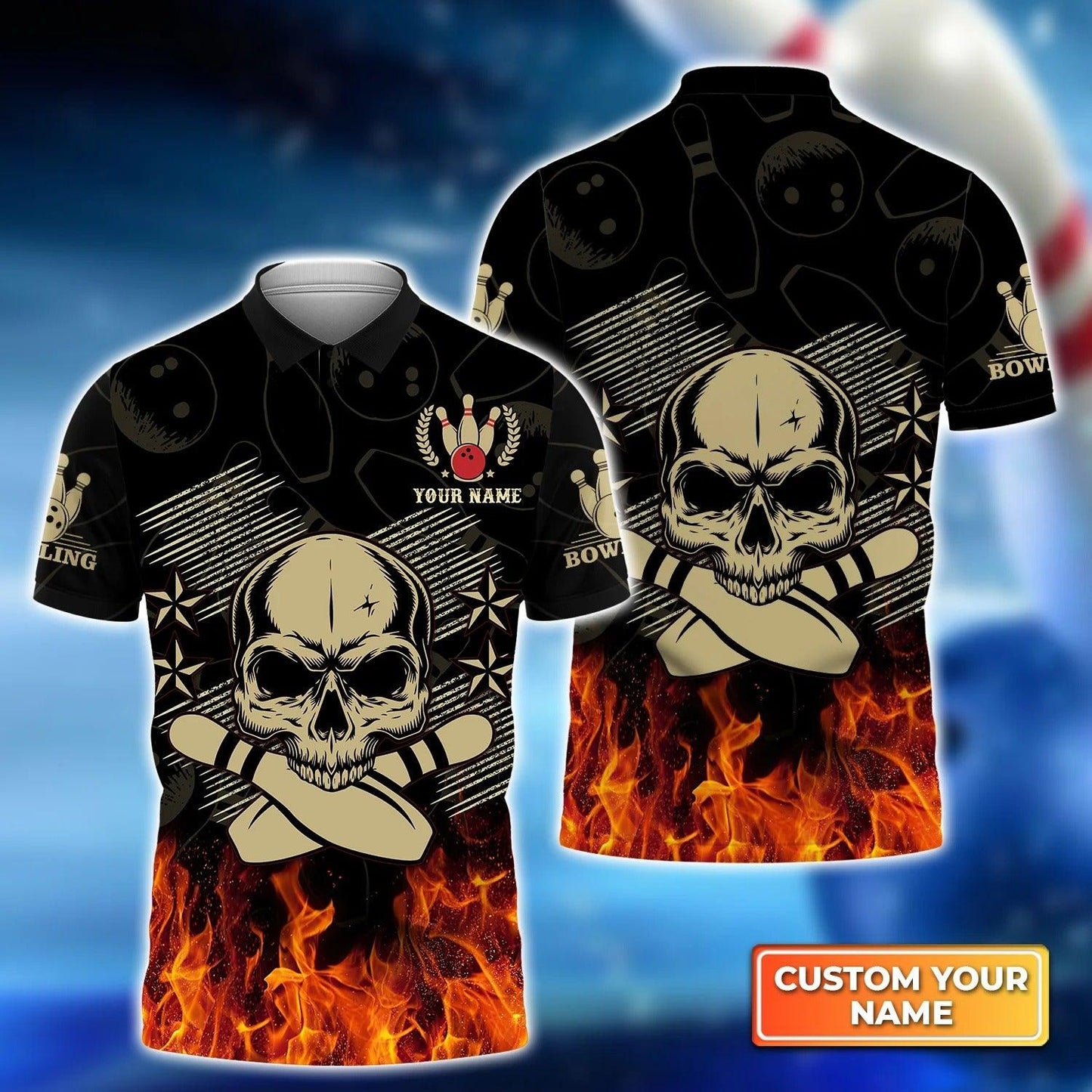Bowling Custom Men Polo Shirt - Custom Name Skull Bowling In Fire Personalized Bowling Polo Shirt - Perfect Gift For Friend, Family - Amzanimalsgift