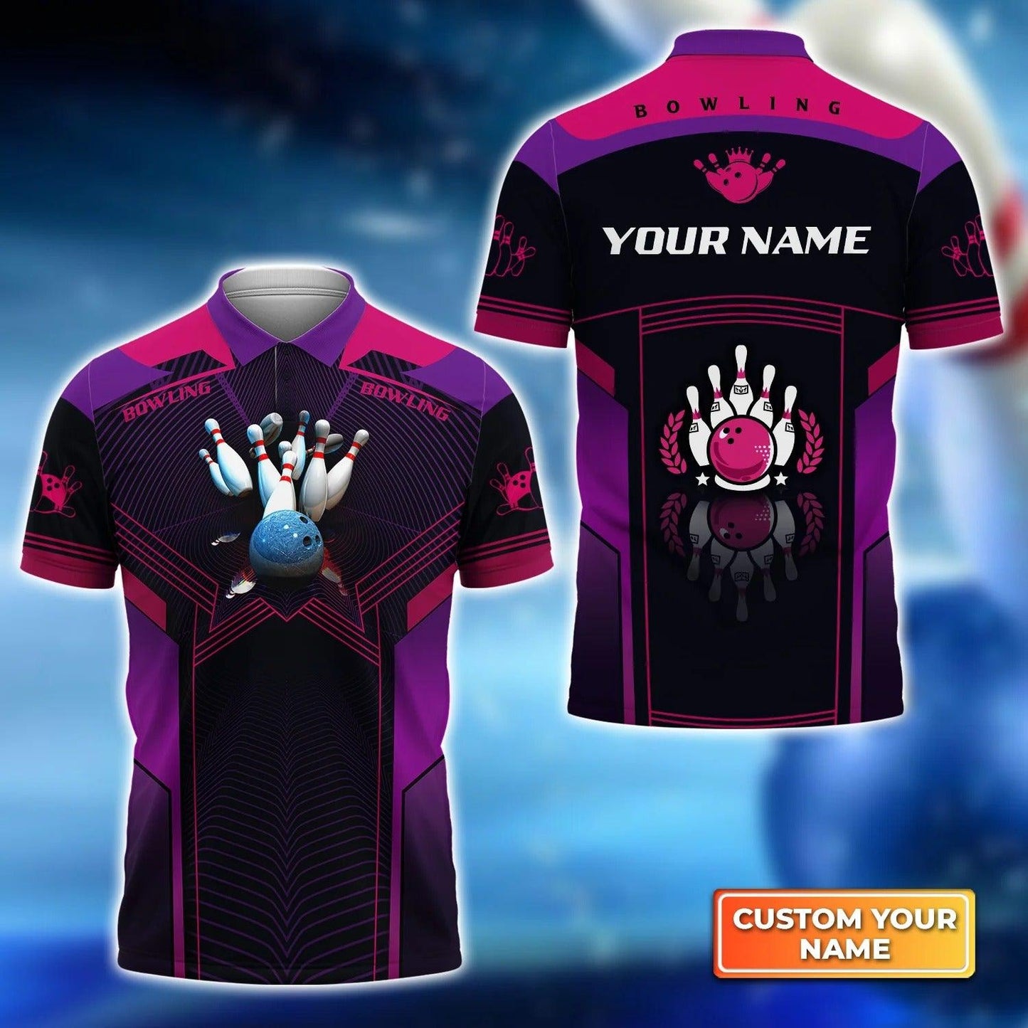 Bowling Custom Men Polo Shirt - Custom Name The Blue Bowling Ball Crashing The Pins Purple Pattern Personalized Bowling Polo Shirt - Perfect Gift For Friend, Family - Amzanimalsgift