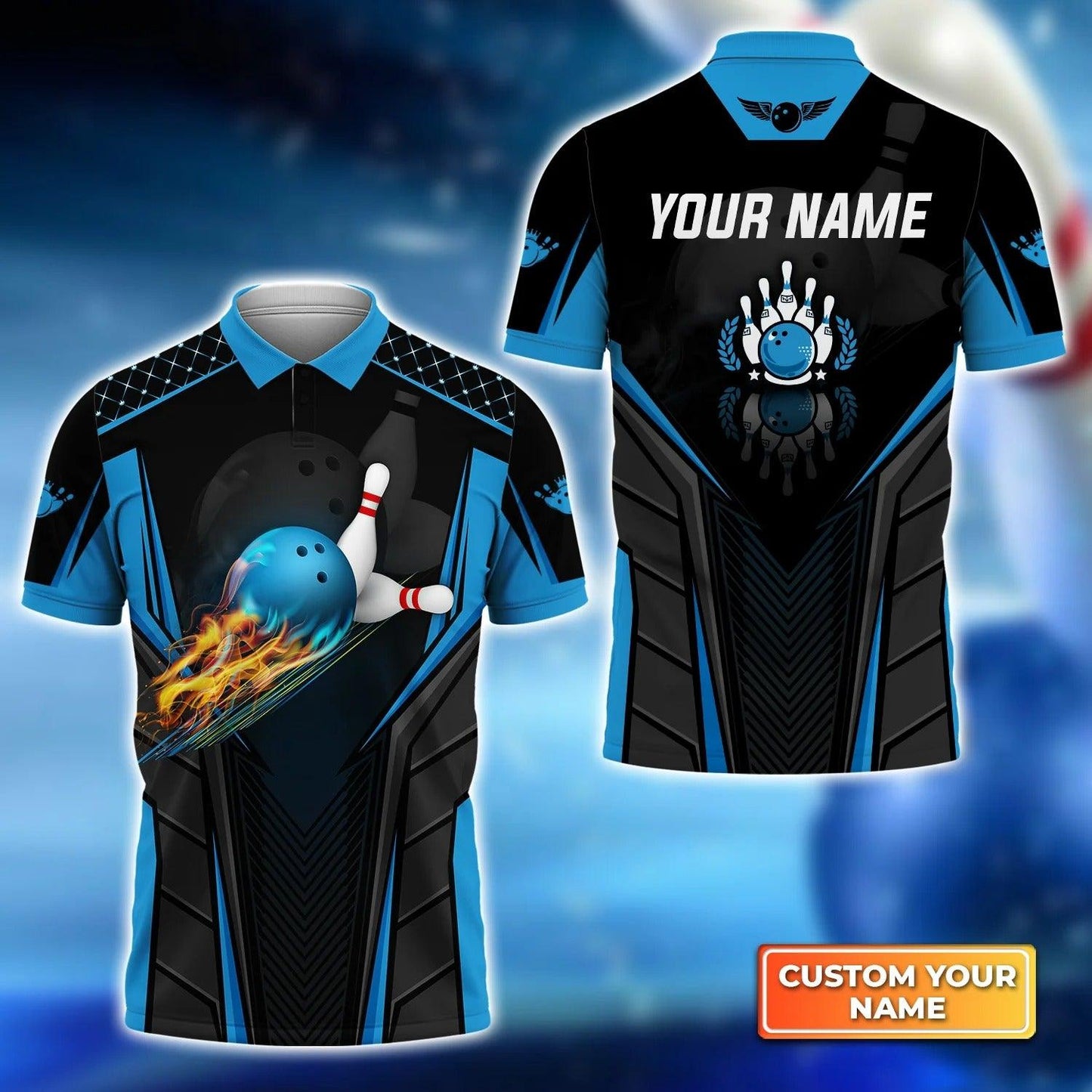 Bowling Custom Men Polo Shirt - Custom Name The Blue Bowling Ball in Flames Breaks White Skittles Personalized Bowling Polo Shirt - Perfect Gift For Friend, Family - Amzanimalsgift