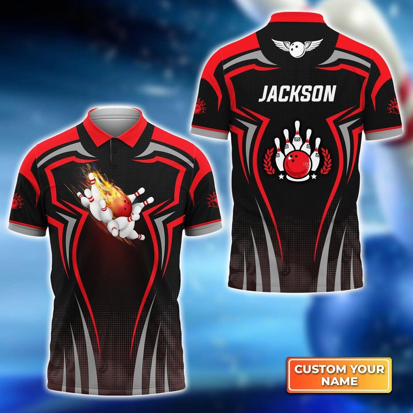 Bowling Custom Men Polo Shirt - Custom Name The Red Bowling Ball Crashing The Pins Personalized Bowling Polo Shirt - Perfect Gift For Friend, Family - Amzanimalsgift