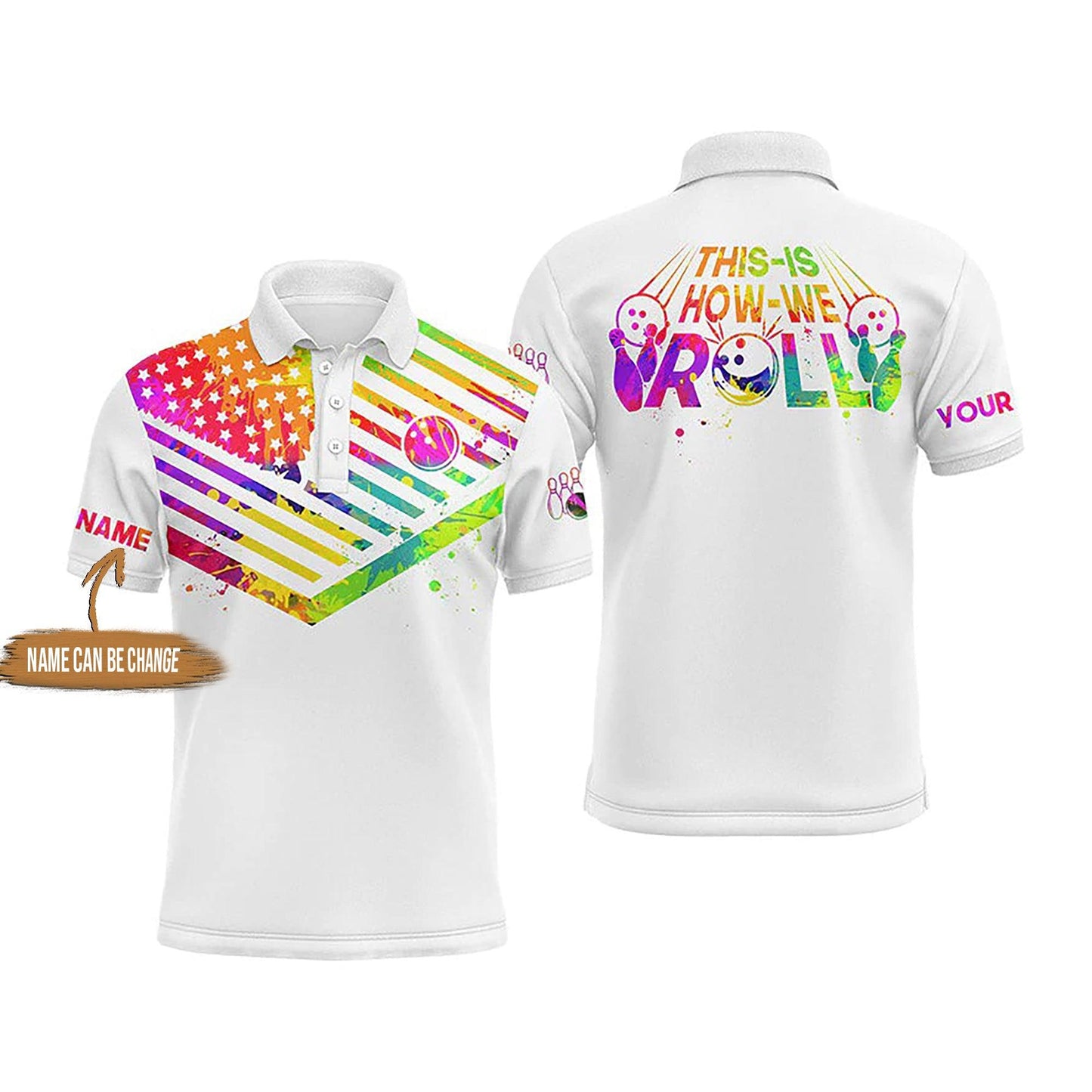 Bowling Custom Men Polo Shirt - Custom Name Watercolor American Flag Personalized Bowling Polo Shirt - Perfect Gift For Friend, Family - Amzanimalsgift