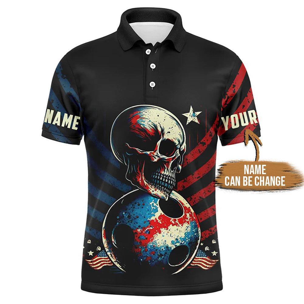 Bowling Custom Men Polo Shirt - Customize Vintage American Flag Skull Bowling Personalized Bowling Polo Shirt - Perfect Gift For Friend, Family - Amzanimalsgift