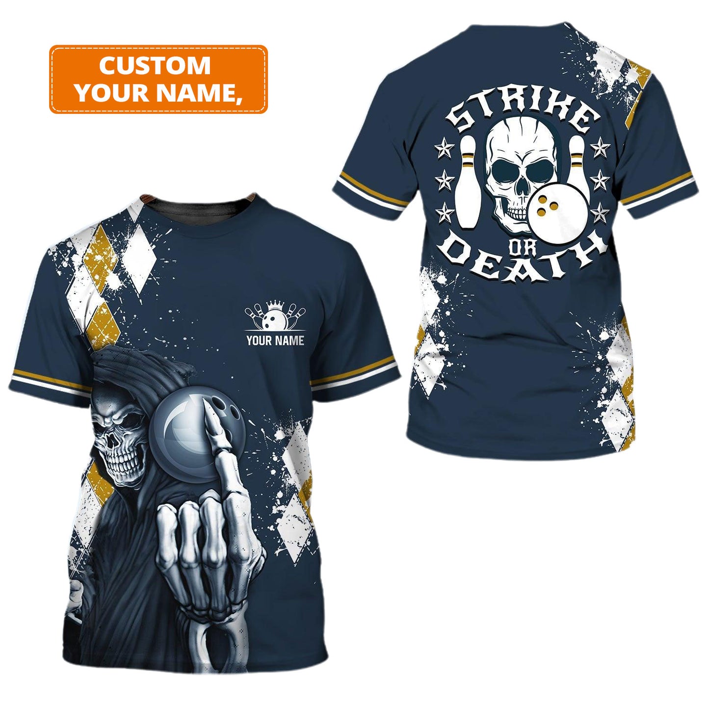 Bowling Custom Name T Shirt, Blue Bowling With Skull Ball And Pins, Strike Or Death Personalized T-Shirt For Men, Gift For Bowling Lovers, Bowlers