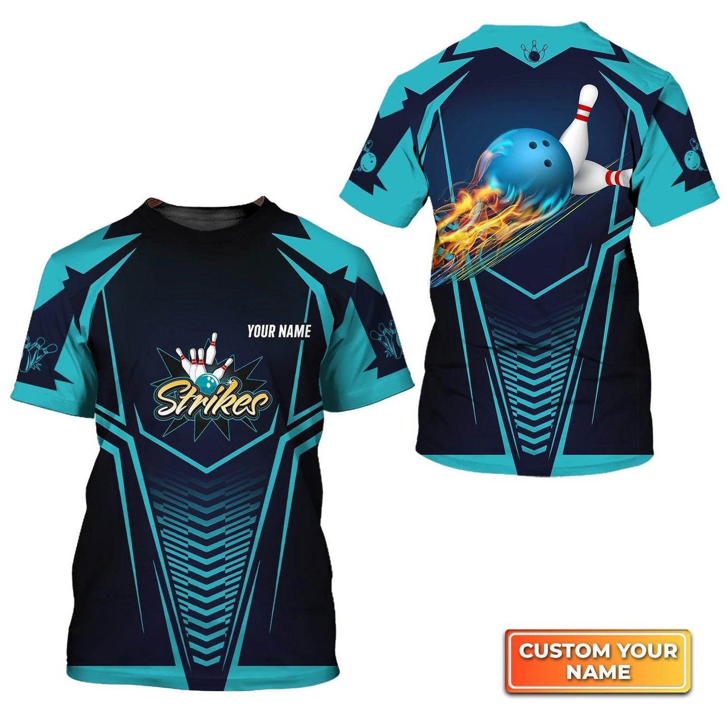 Bowling Custom Name T Shirt, Bowling Strikes Blue Bowling Ball Crashing The Pins Personalized T-Shirt For Men, Perfect Gift For Bowling Lovers, Bowler - Amzanimalsgift