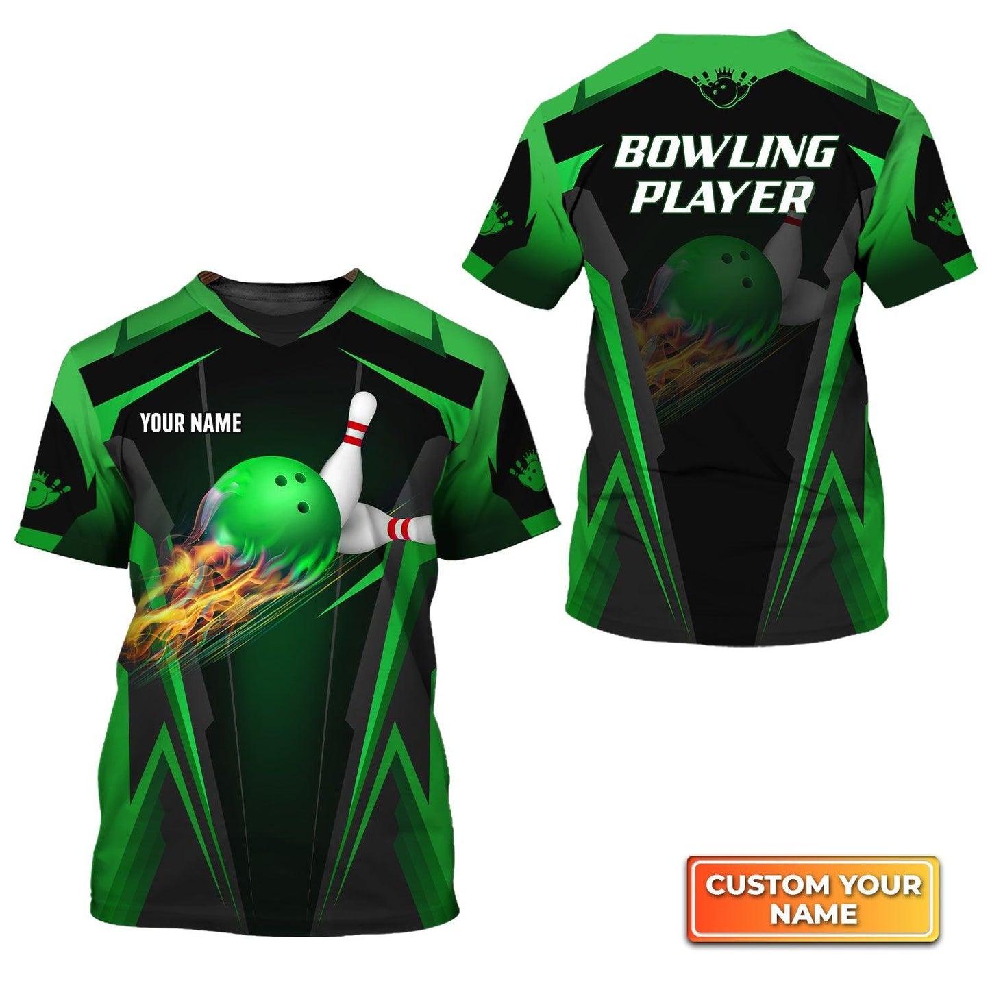 Bowling Custom Name T Shirt, The Green Bowling Ball in Flames Breaks White Skittles Personalized T-Shirt For Men, Gift For Bowling Lovers, Bowlers - Amzanimalsgift