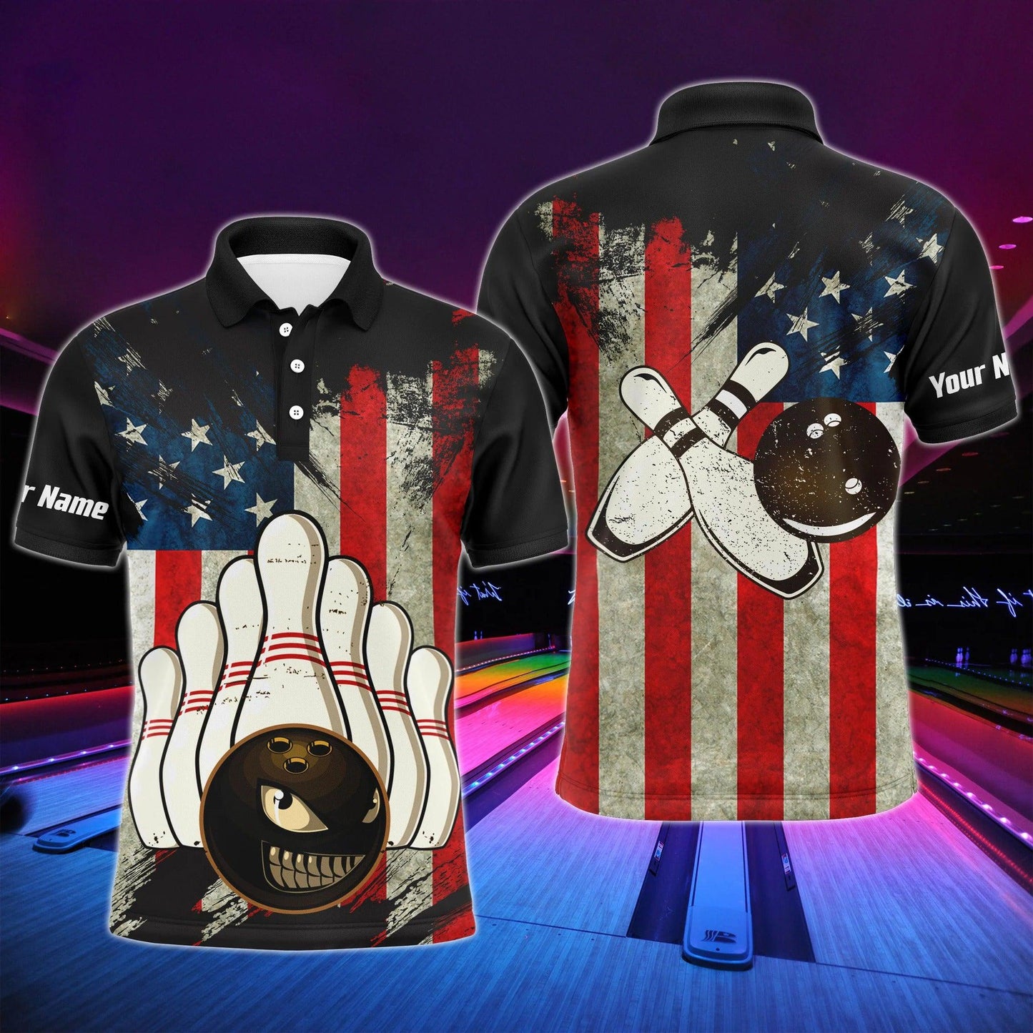 Bowling Custom Polo Shirt - Custom Name American Flag Evil Personalized Bowling Polo Shirt - Gift For Friend, Family - Amzanimalsgift
