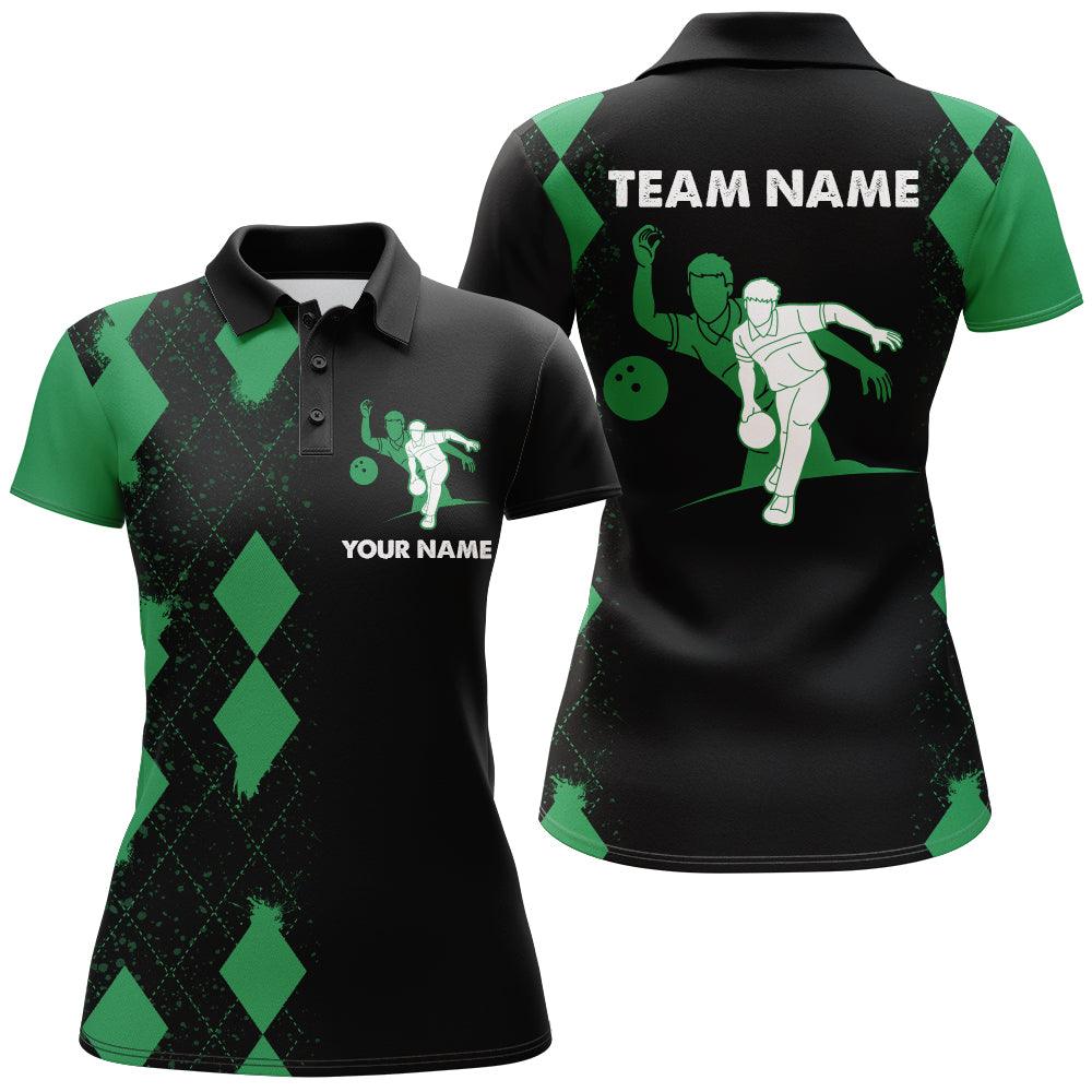 Bowling Custom Women Polo Shirt - Custom Name Green Black Argyle Pattern Personalized Bowling Polo Shirt - Gift For Friend, Family, Bowling Lovers - Amzanimalsgift