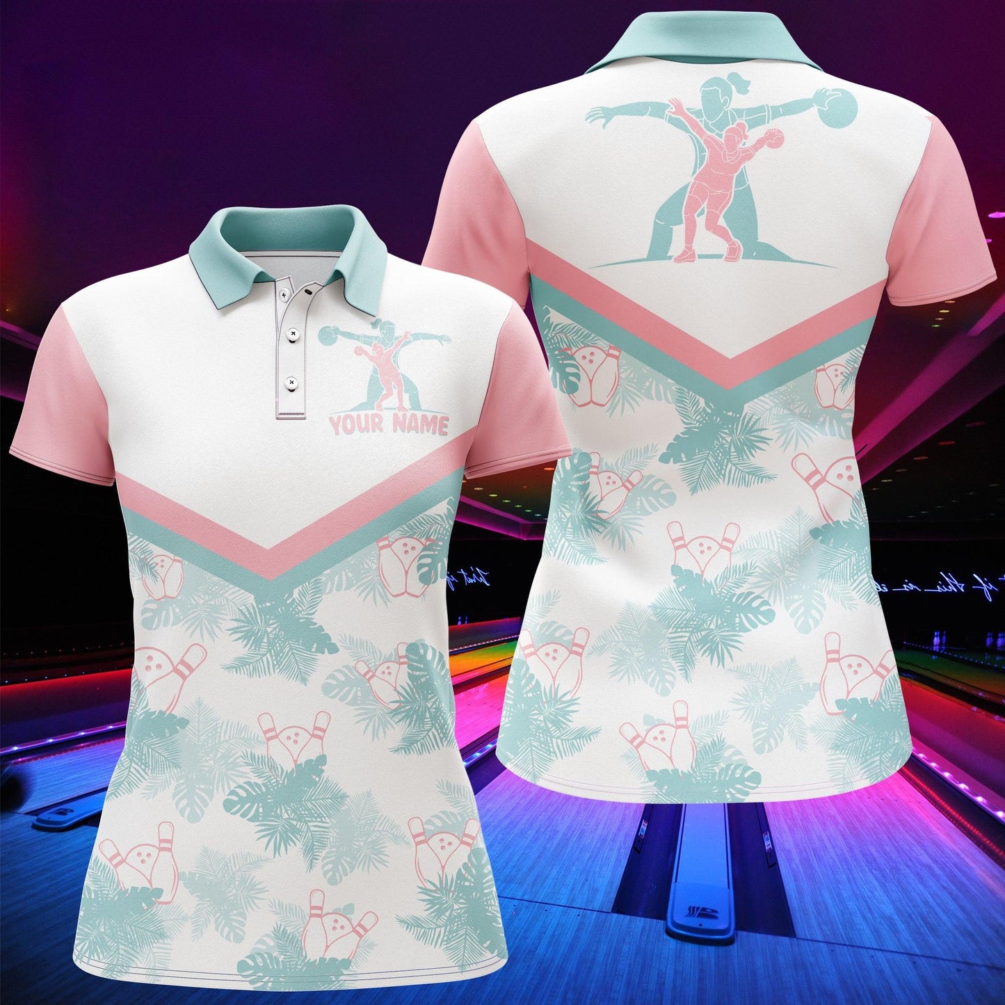 Bowling Custom Women Polo Shirt - Custom Name Tropical Pattern Bowling Personalized Bowling Polo Shirt - Gift For Friend, Family, Bowling Lovers - Amzanimalsgift