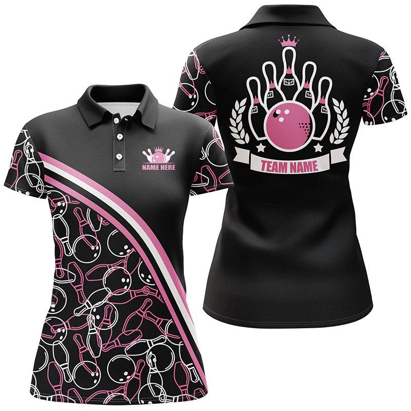 Bowling Customized Women Polo Shirt - Black Pink Bowling Pattern Personalized Bowling Polo Shirt - Gift For Friend, Family, Bowling Lovers - Amzanimalsgift