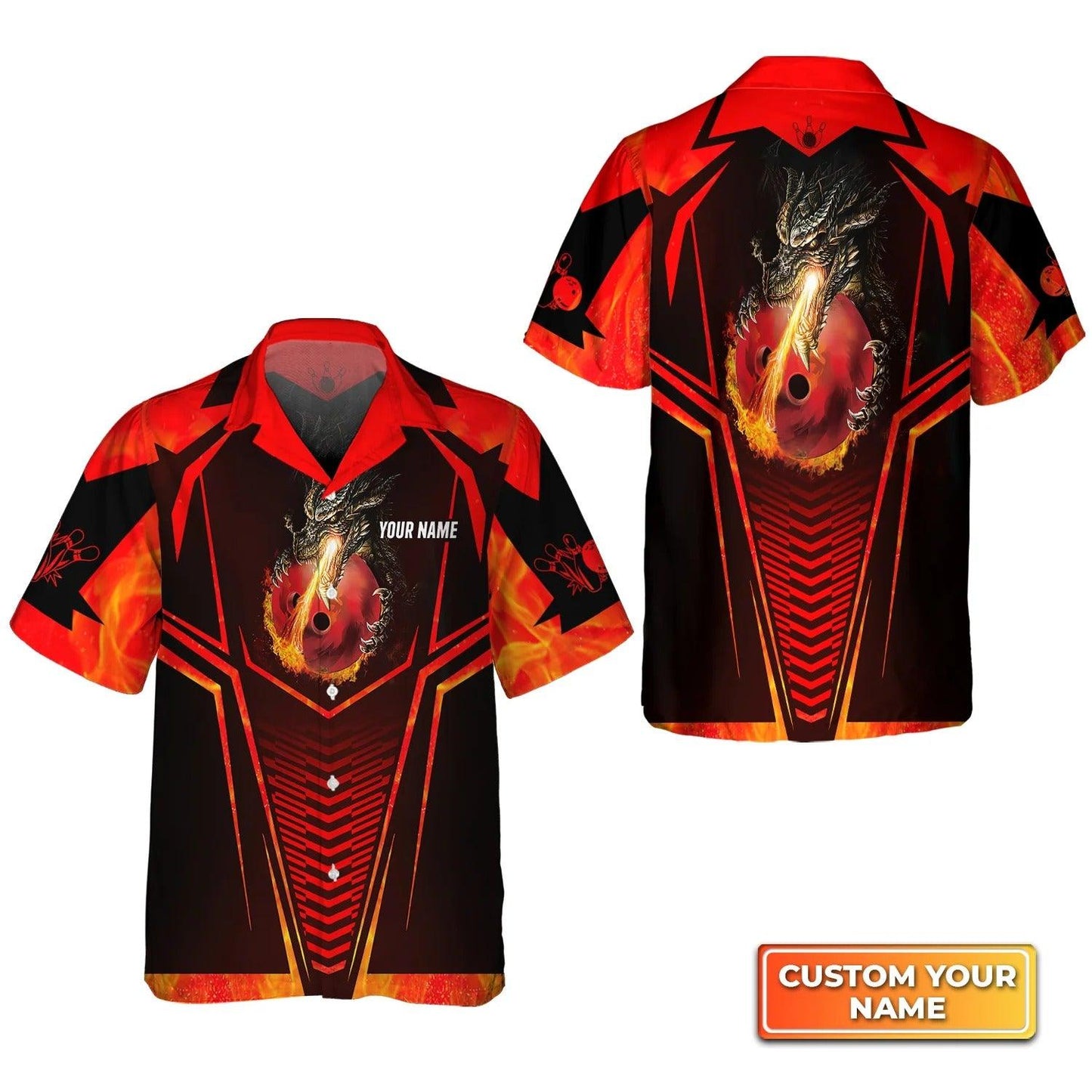 Bowling Hawaiian Shirt Custom Name - Dragon Fire Flame Personalized Aloha Hawaiian Shirt - Gift For Friend, Family, Bowling Lovers - Amzanimalsgift