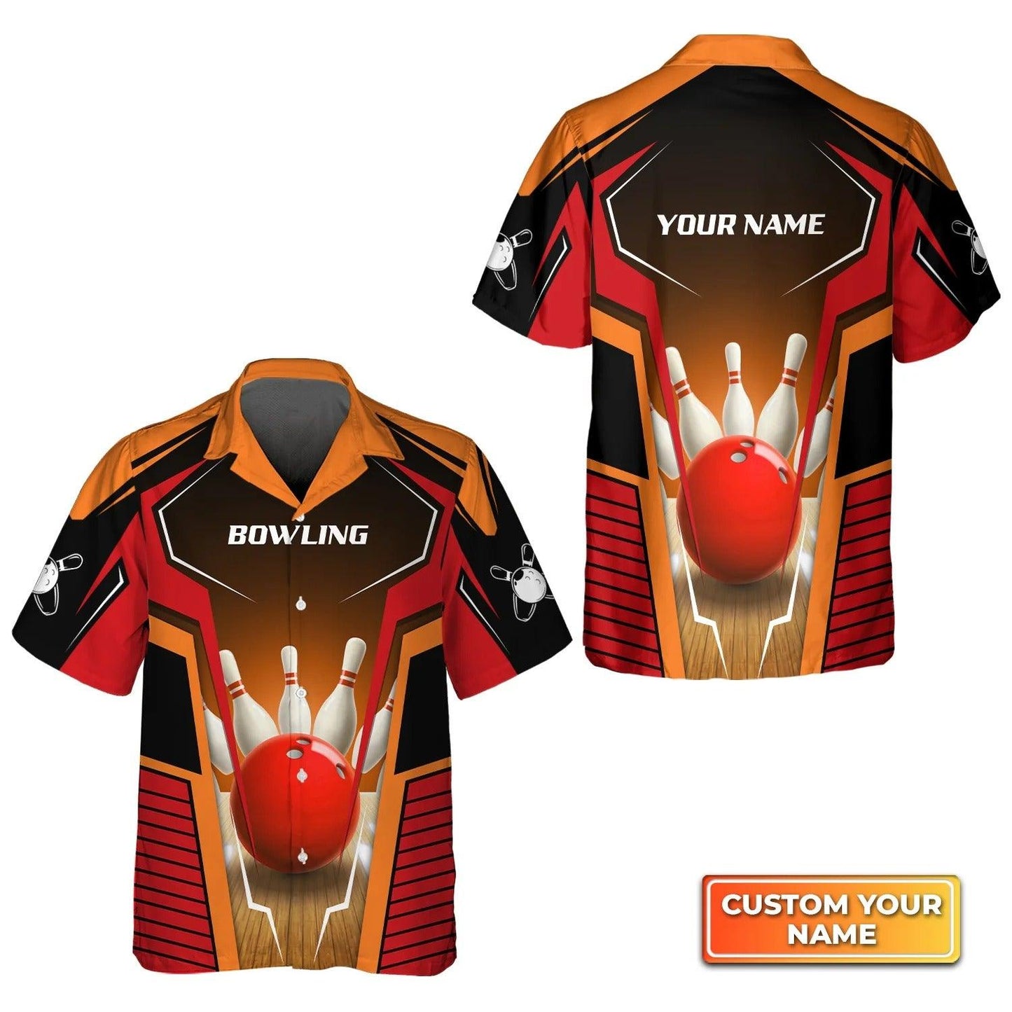 Bowling Hawaiian Shirt Custom Name - Mens Bowl Pin And Red Bowling Ball Personalized Aloha Hawaiian Shirt - Gift For Friend, Family, Bowling Lovers - Amzanimalsgift