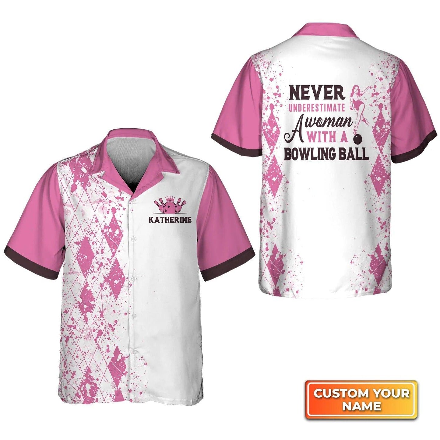 Bowling Hawaiian Shirt Custom Name - Never Underestimate a Woman with a Bowling Ball Pink Bowling Personalized Aloha Hawaiian Shirt - Gift For Friend, Family, Bowling Lovers - Amzanimalsgift