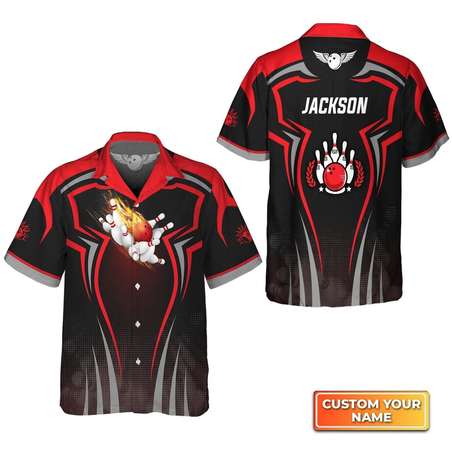 Bowling Hawaiian Shirt Custom Name - The Red Bowling Ball Crashing The Pins Personalized Aloha Hawaiian Shirt - Gift For Friend, Family, Bowling Lovers - Amzanimalsgift