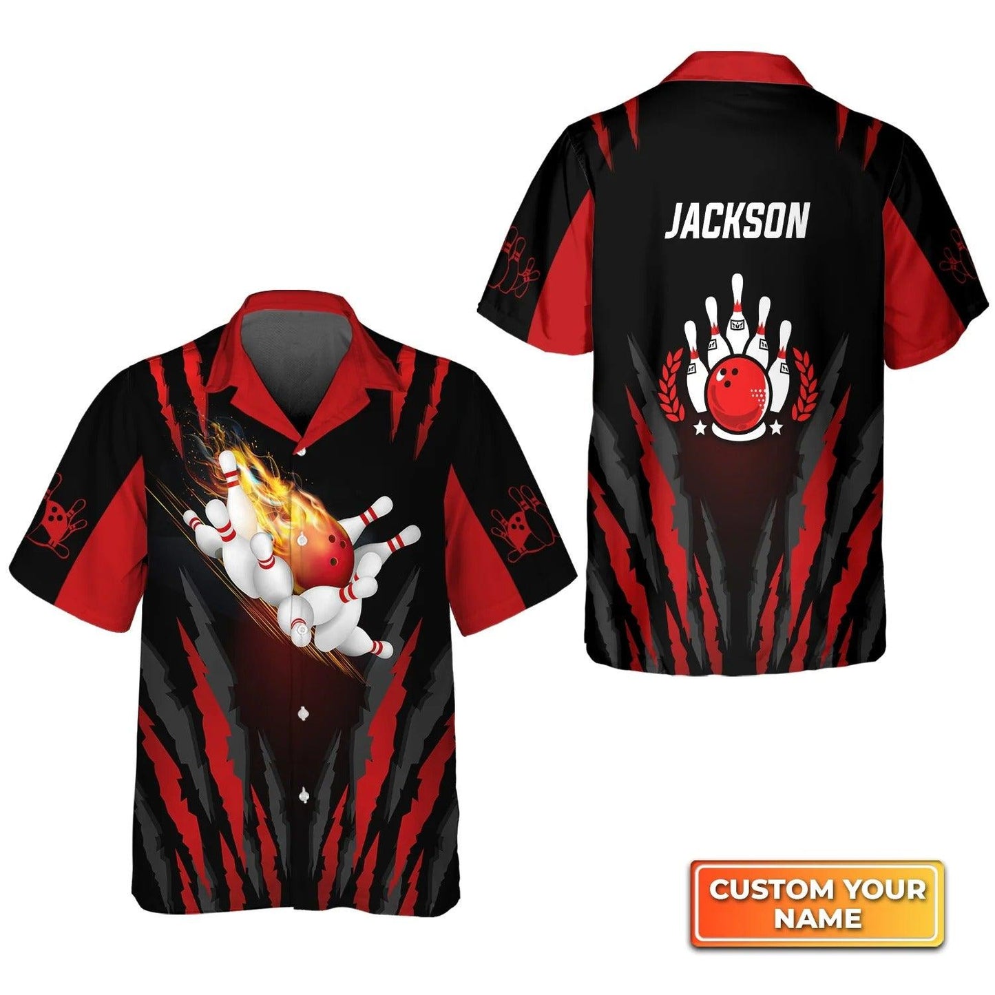 Bowling Hawaiian Shirt Custom Name - The Red Bowling Ball in Flames Breaks White Skittles Personalized Aloha Hawaiian Shirt - Gift For Friend, Family, Bowling Lovers - Amzanimalsgift
