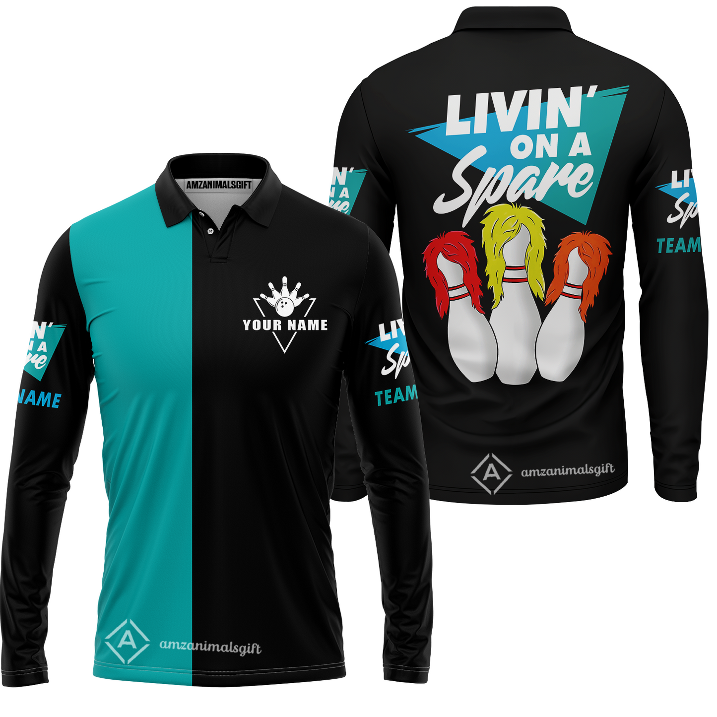 Bowling Men's Long Sleeve Polo Shirt Custom Name - Bowling Livin' On A Spare Personalized Bowling Long Sleeve Polo Shirt