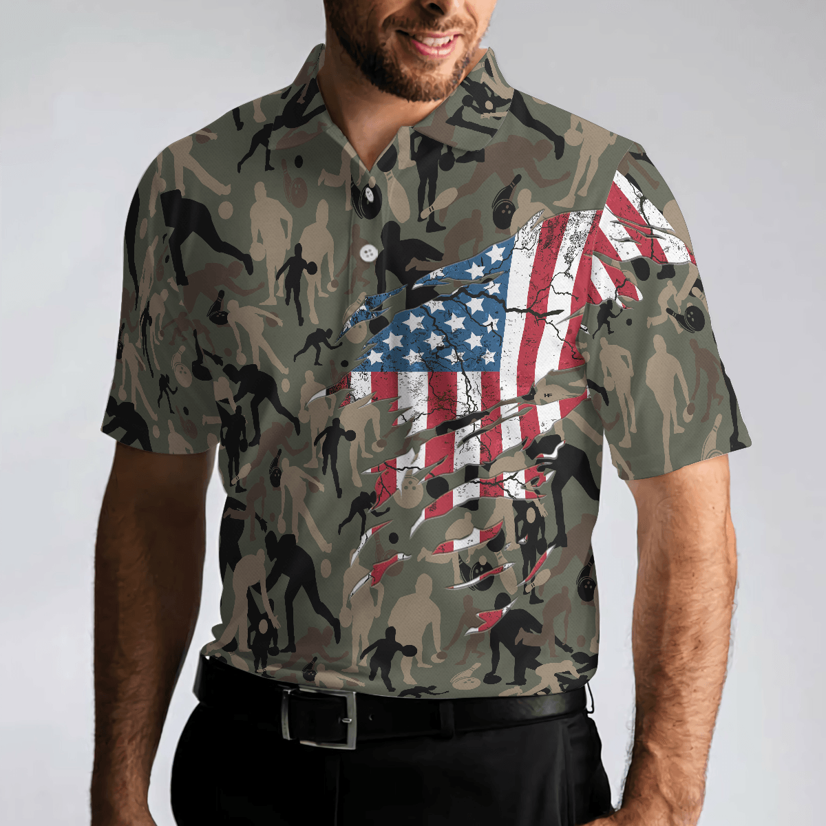 Bowling Men Polo Shirt - Camouflage American Eagle Flag Bowling Polo Shirt - Perfect Gift For Friend, Family, Bowling Lovers - Amzanimalsgift