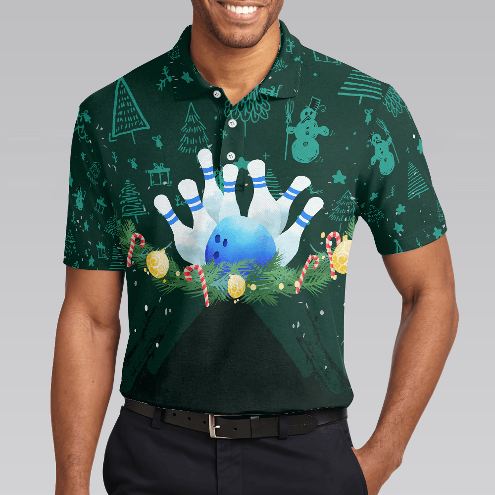 Bowling Men Polo Shirt - Christmas Wreath With Bowling Balls, Christmas Pattern Bowling Polo Shirt - Gift For Friend, Family, Bowling Lovers - Amzanimalsgift
