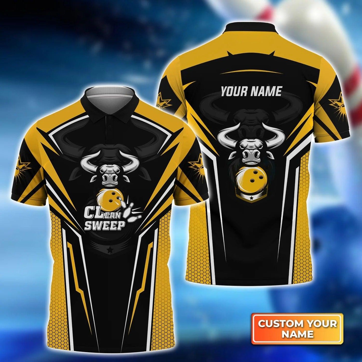Bowling Men Polo Shirt Custom Name - Bowling Bull Clean Sweep Yellow Black Personalized Name Polo Shirt For Men, Bowler, Friend, Family - Amzanimalsgift
