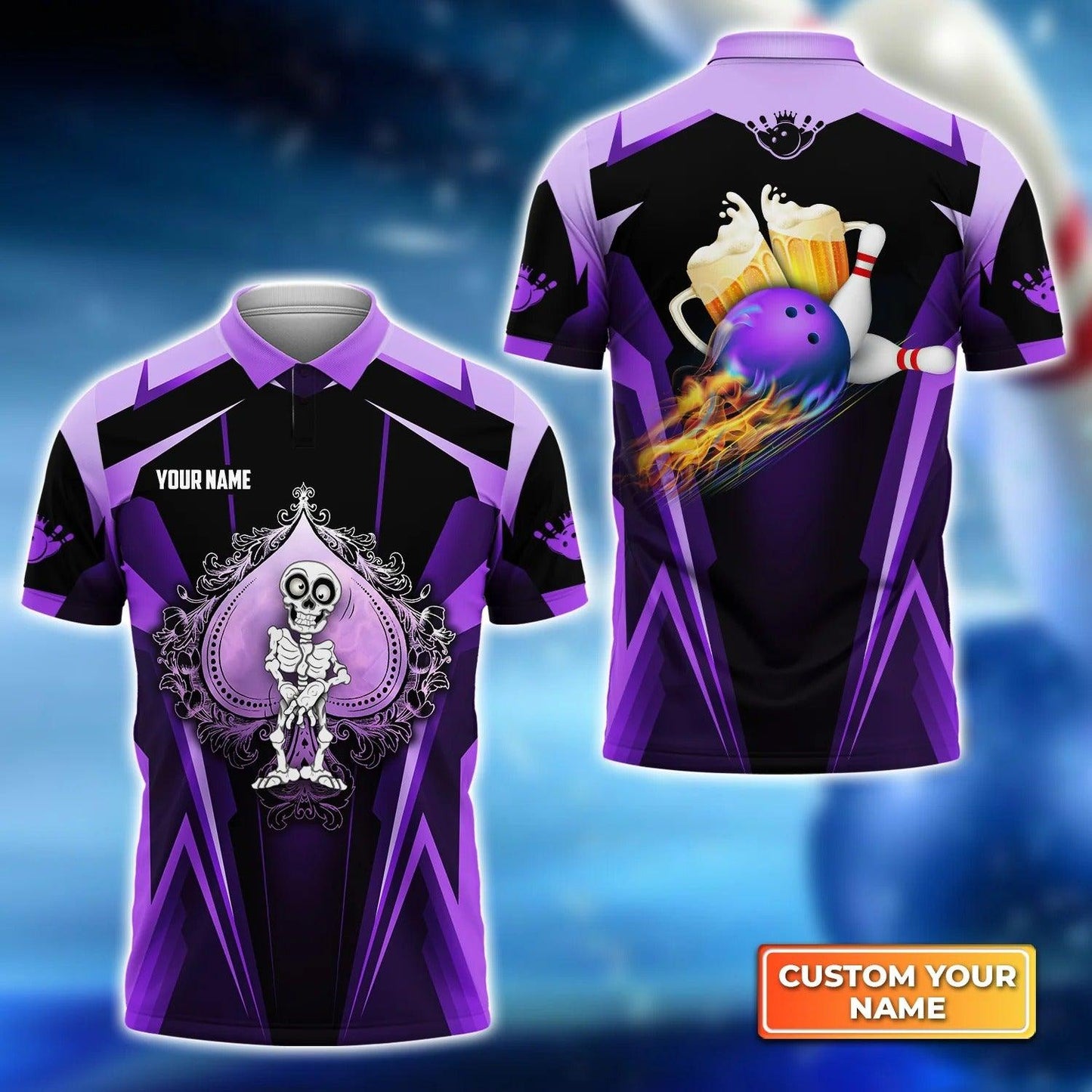 Bowling Men Polo Shirt Custom Name, Skull Polo Shirt, Purple Spade Bowling And Beer Personalized Name Polo Shirt Shirt For Men, Bowler, Friend,Family - Amzanimalsgift