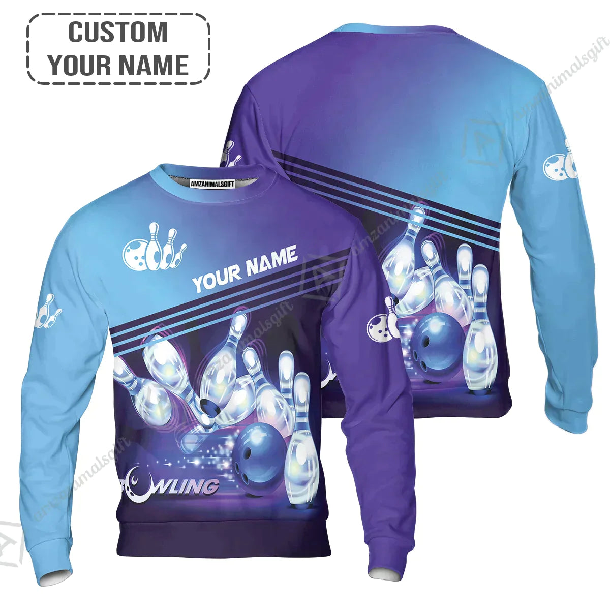 Bowling Long Polo Shirt With Custom Name, Blue Bowling Apparel Uniform Players, Perfect Gifts For Bowling Lovers, Bowlers