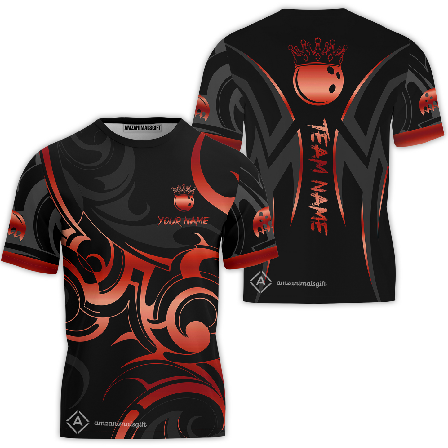 Customized Bowling Team T-Shirt, Bowling Swirling Fire Flames Gold And Black Style T-Shirt For Bowlers