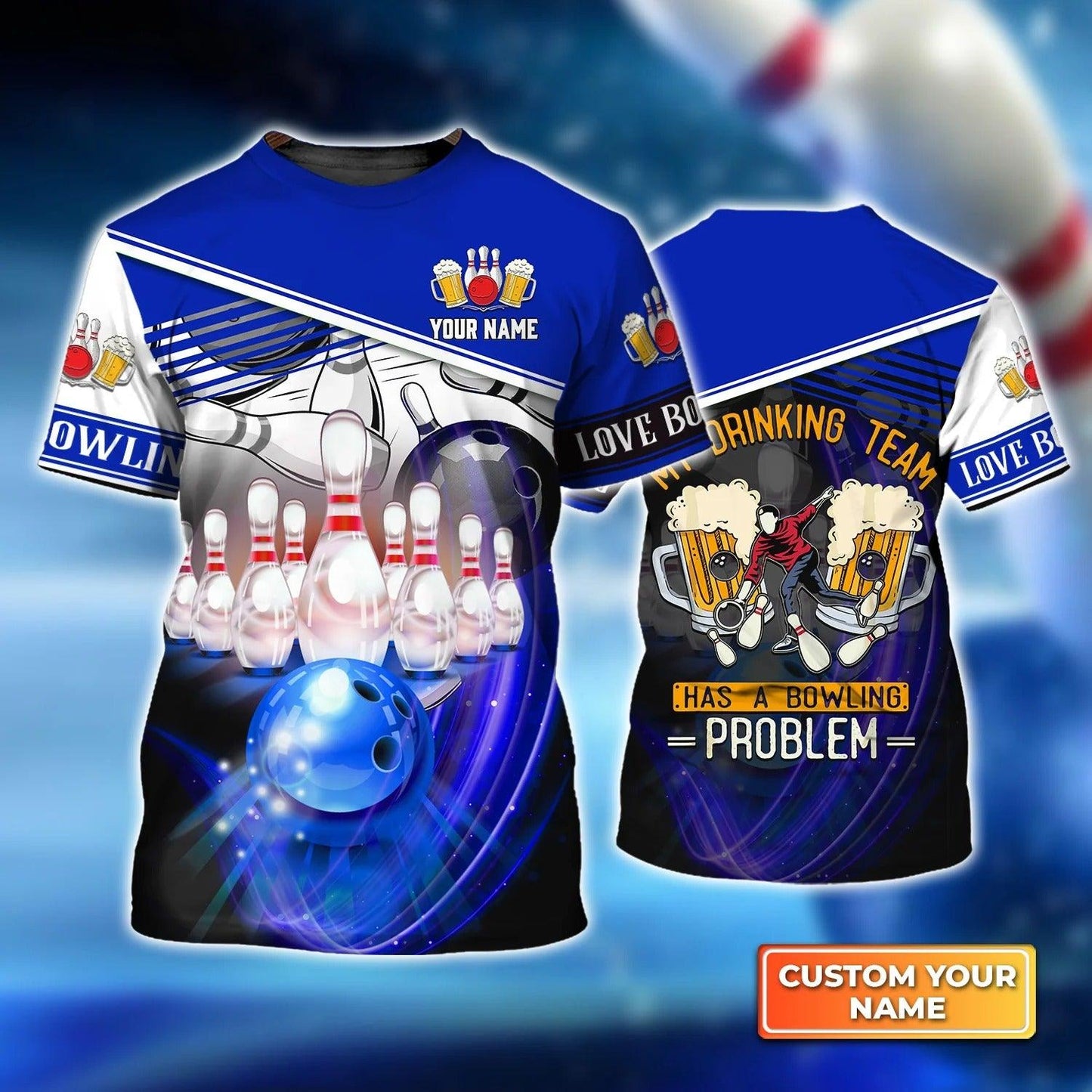 Bowling T shirt Custom Name - My Drinking Team Blue Bowling Ball Crashing Into Pins Personalized T-shirt - Gift For Friend, Family, Bowling Lovers - Amzanimalsgift