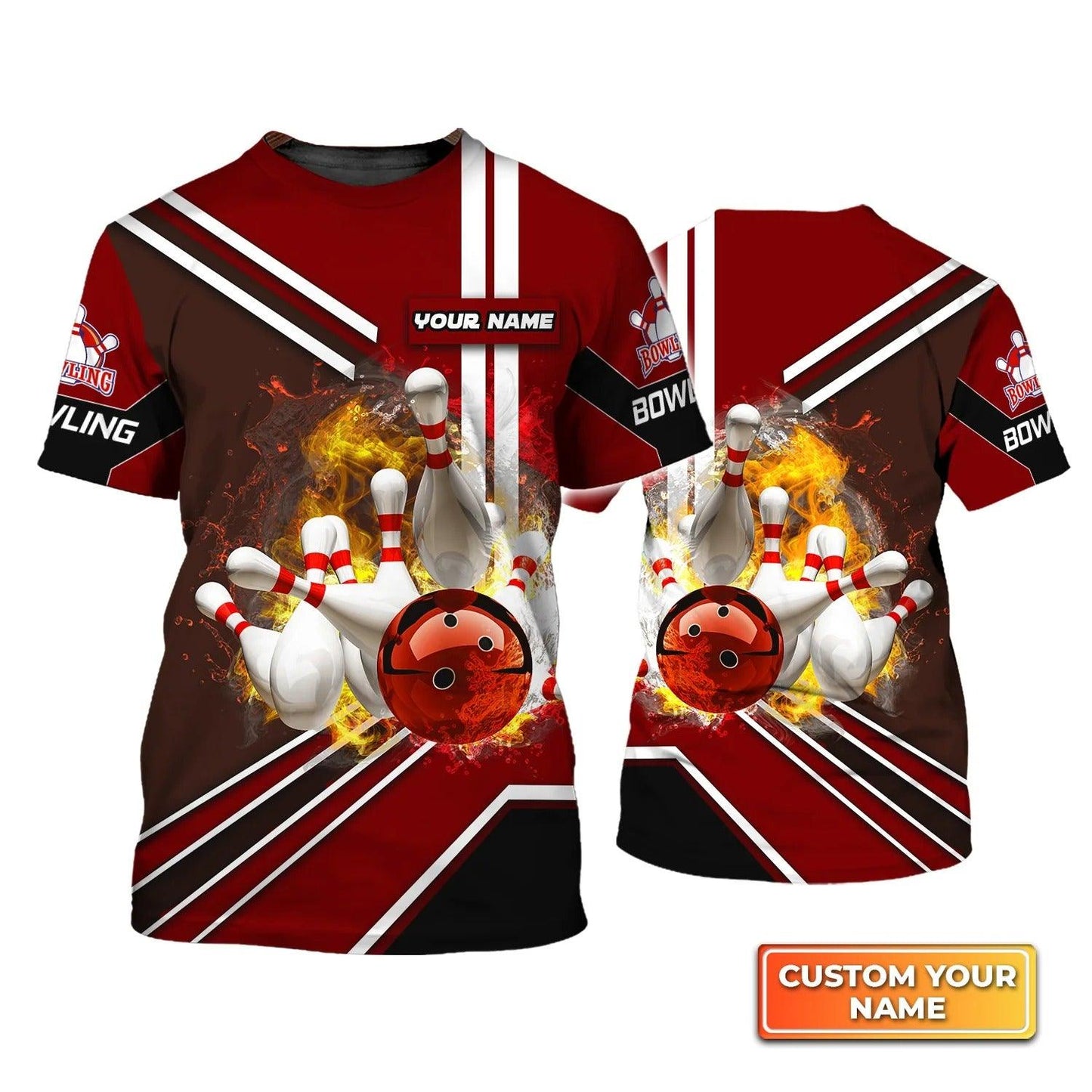 Bowling T shirt Custom Name - Red Bowling Ball On Fire Crashing Pins Personalized T-shirt - Gift For Friend, Family, Bowling Lovers - Amzanimalsgift