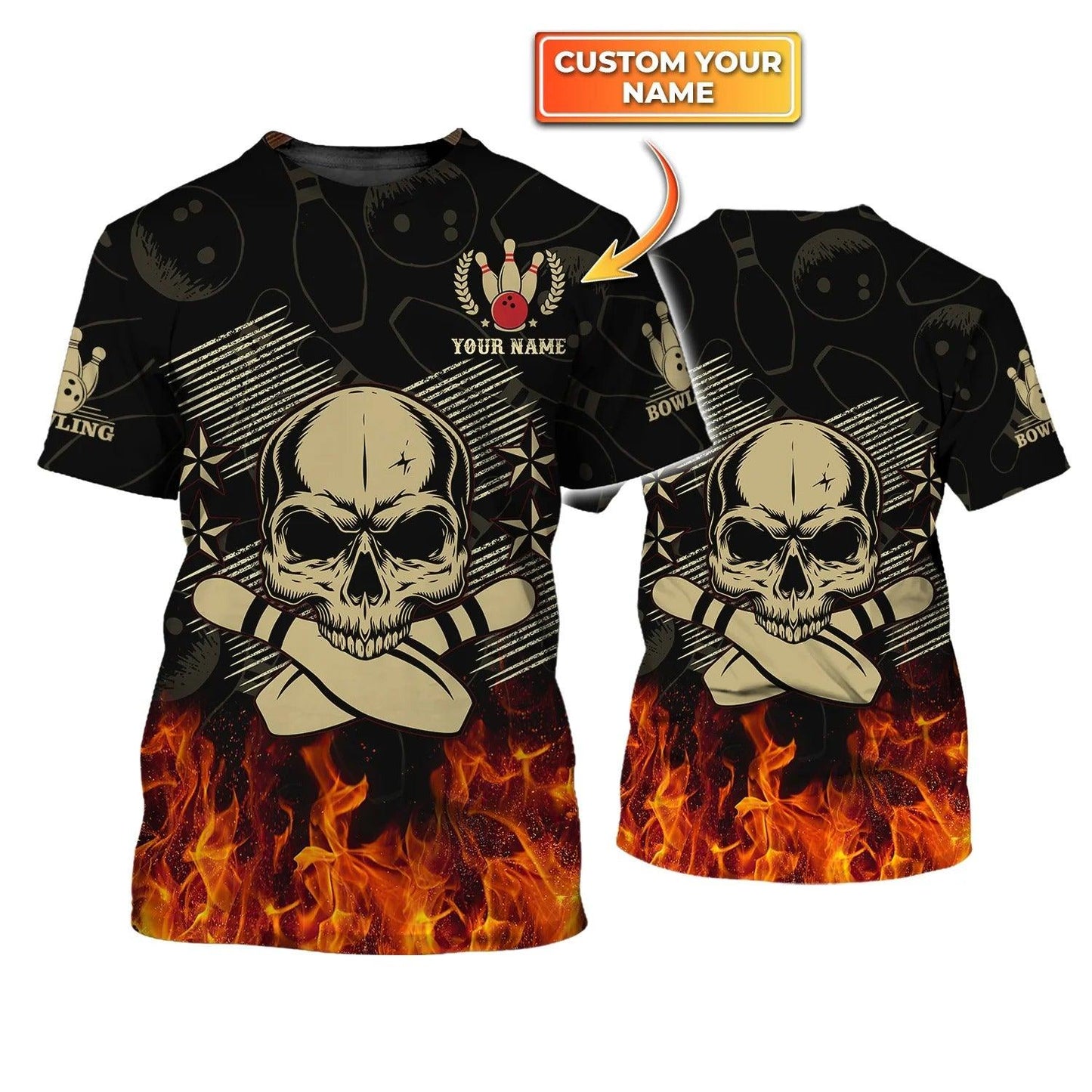 Bowling T shirt Custom Name - Skull Bowling In Fire Personalized T-shirt - Gift For Friend, Family, Bowling Lovers - Amzanimalsgift