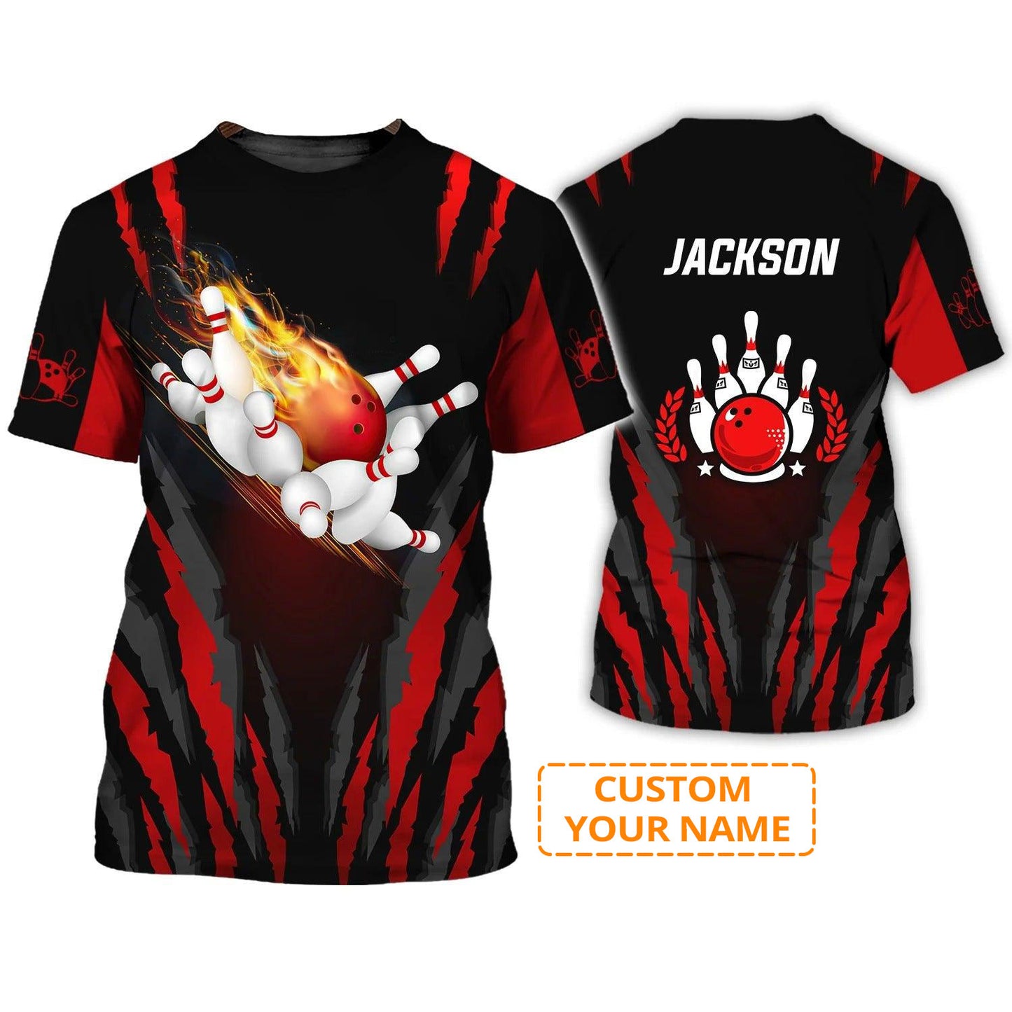 Bowling T shirt Custom Name - The Red Bowling Ball in Flames Breaks White Skittles Personalized T-shirt - Gift For Friend, Family, Bowling Lovers
