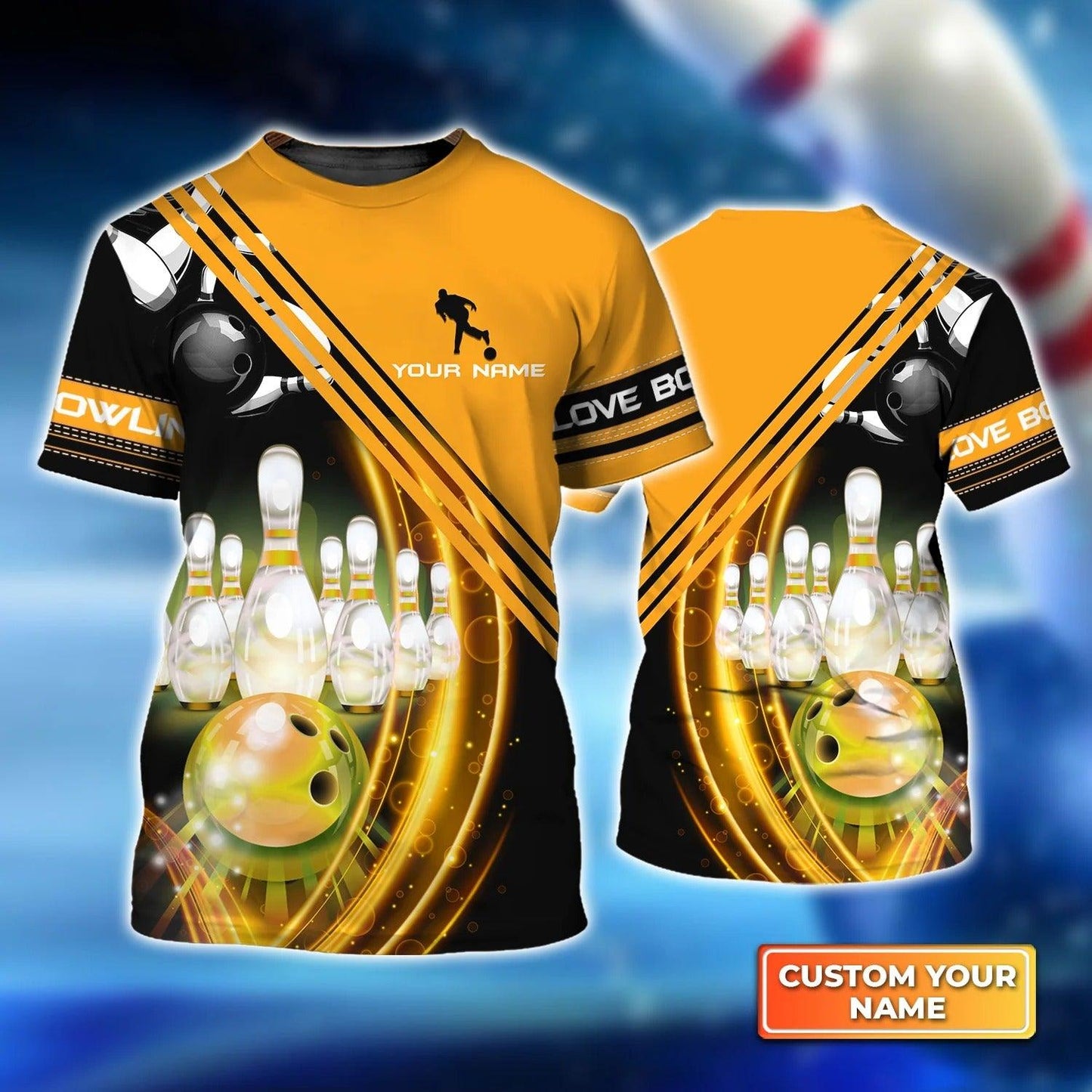 Bowling T shirt Custom Name - Yellow Bowling Ball In Motion And The Pins Personalized T-shirt - Gift For Friend, Family, Bowling Lovers - Amzanimalsgift