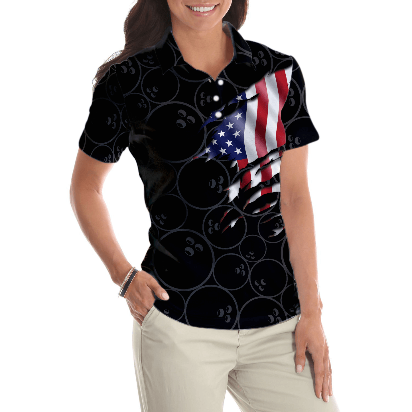 Bowling Women Polo Shirt - American Flag With Bowling Pattern, Patriotic Golfing Bowling Polo Shirt - Gift For Friend, Family, Bowling Lovers - Amzanimalsgift