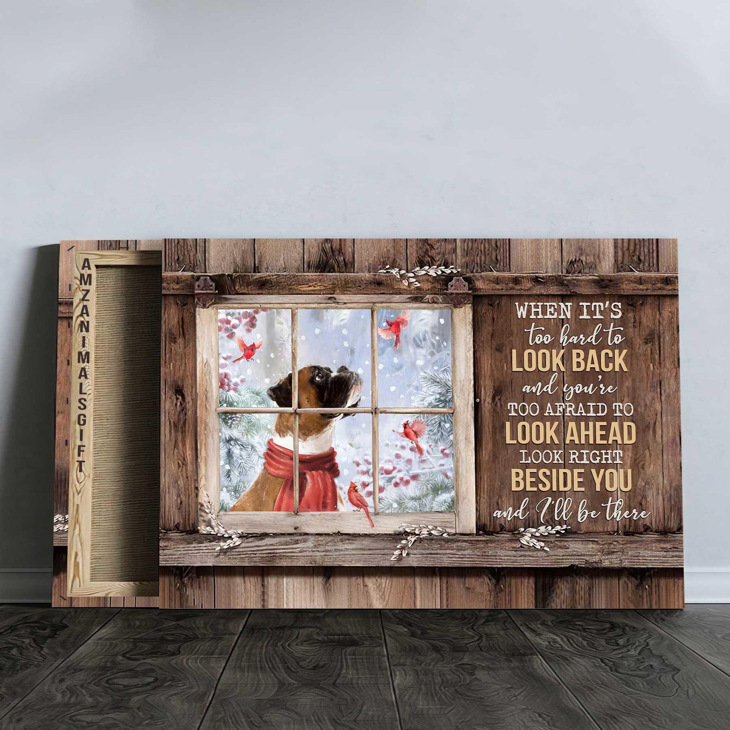 Boxer Premium Wrapped Landscape Canvas - Boxer Painting, Winter, Cardinal, Window Frame, I'll Be There - Perfect Gift For Boxer Lovers - Amzanimalsgift