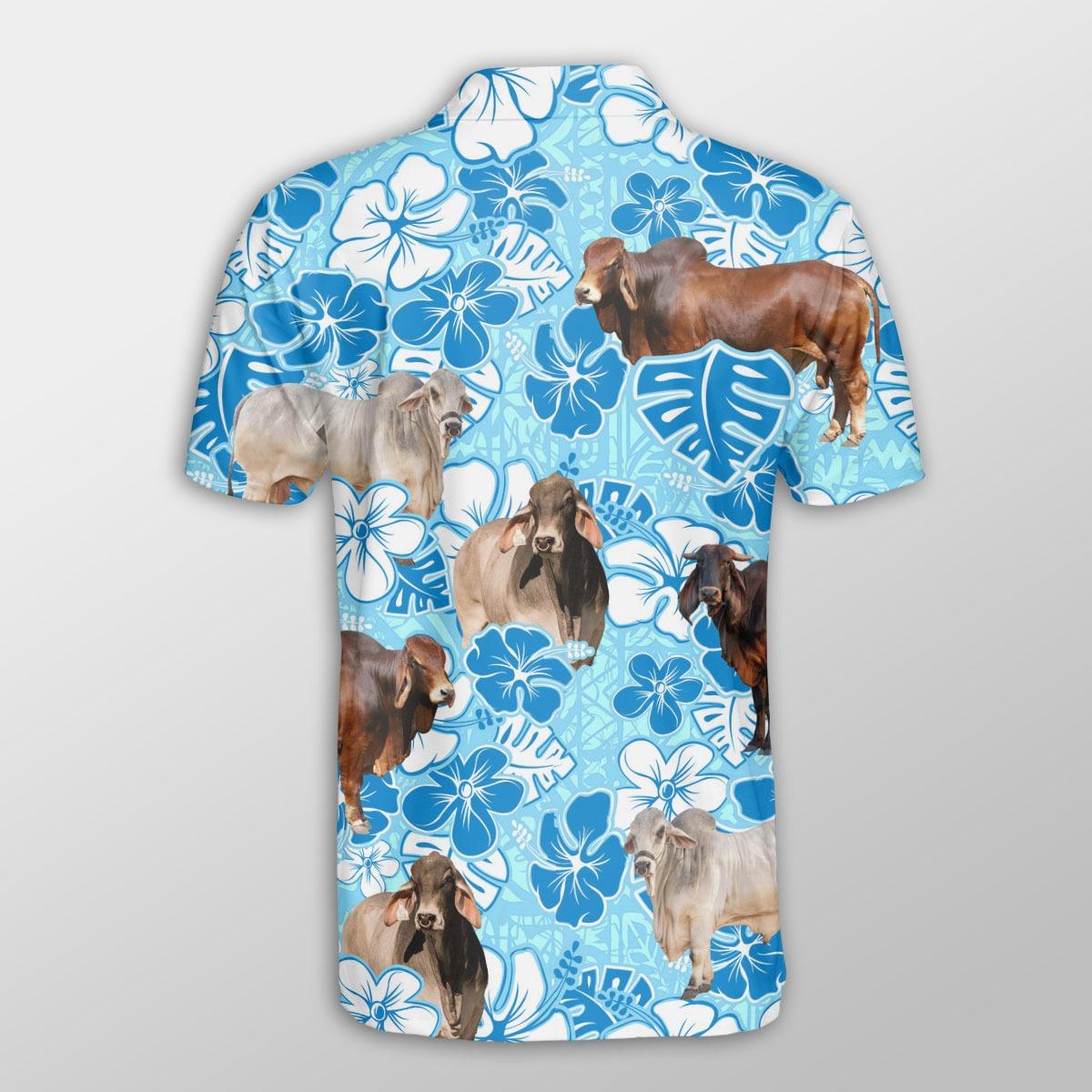 Brahman Men Polo Shirts For Summer - Brahman Blue Floral Button Shirts For Men - Perfect Gift For Brahman Lovers, Cattle Lovers - Amzanimalsgift
