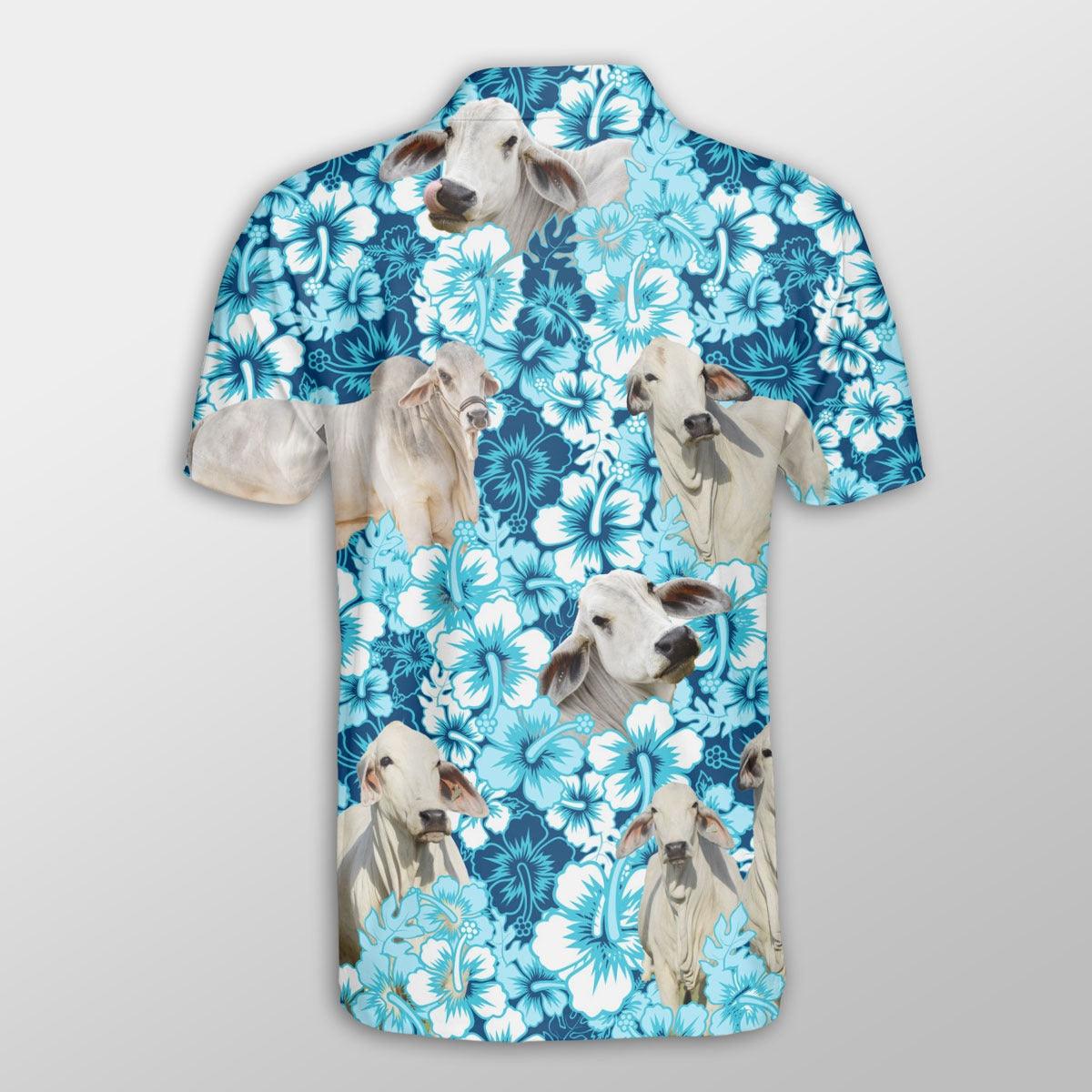 Brahman Men Polo Shirts For Summer - Brahman Blue Hibiscus Pattern Button Shirts For Men - Perfect Gift For Brahman Lovers, Cattle Lovers - Amzanimalsgift