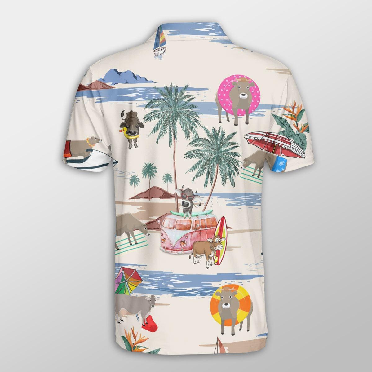 Brown Swiss Men Polo Shirts For Summer - Brown Swiss Summer Beach Pattern Button Shirts For Men - Perfect Gift For Charolais Lovers, Cattle Lovers - Amzanimalsgift