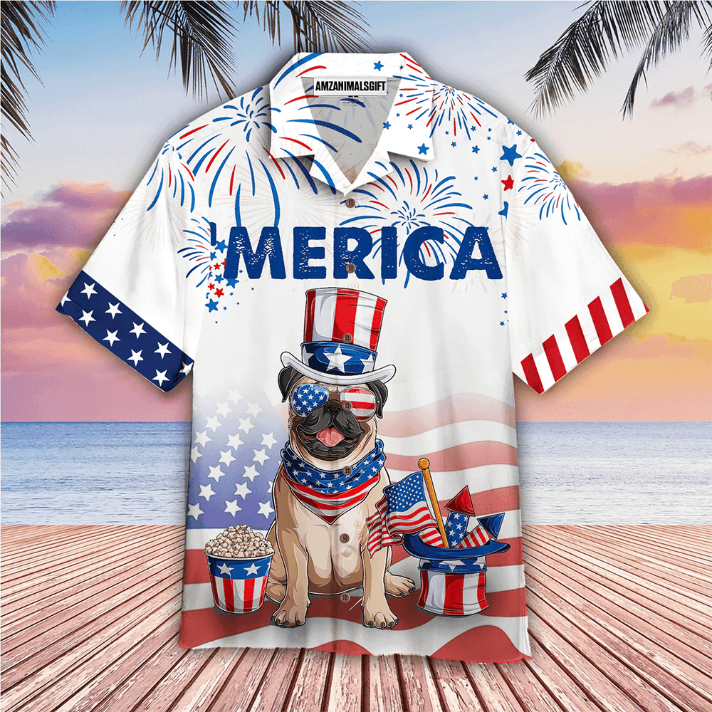 BullDog Hawaiian Shirt, Dog And American Flag 4th Of July Firework White Aloha Hawaiian Shirts For Men Women, Gift For Dog Lovers, Dog Mom Dad, Summer - Amzanimalsgift