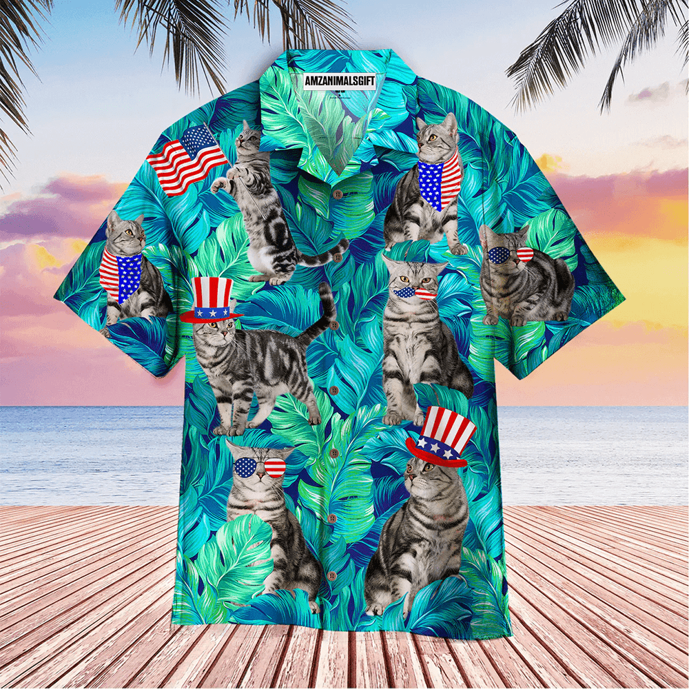 Cat 4th July Independence Day Palm Leaves Pattern Aloha Hawaiian Shirts For Men Women, USA Flag Hawaiian Shirt, Gift For Summer, Patriot, Cats Lover - Amzanimalsgift