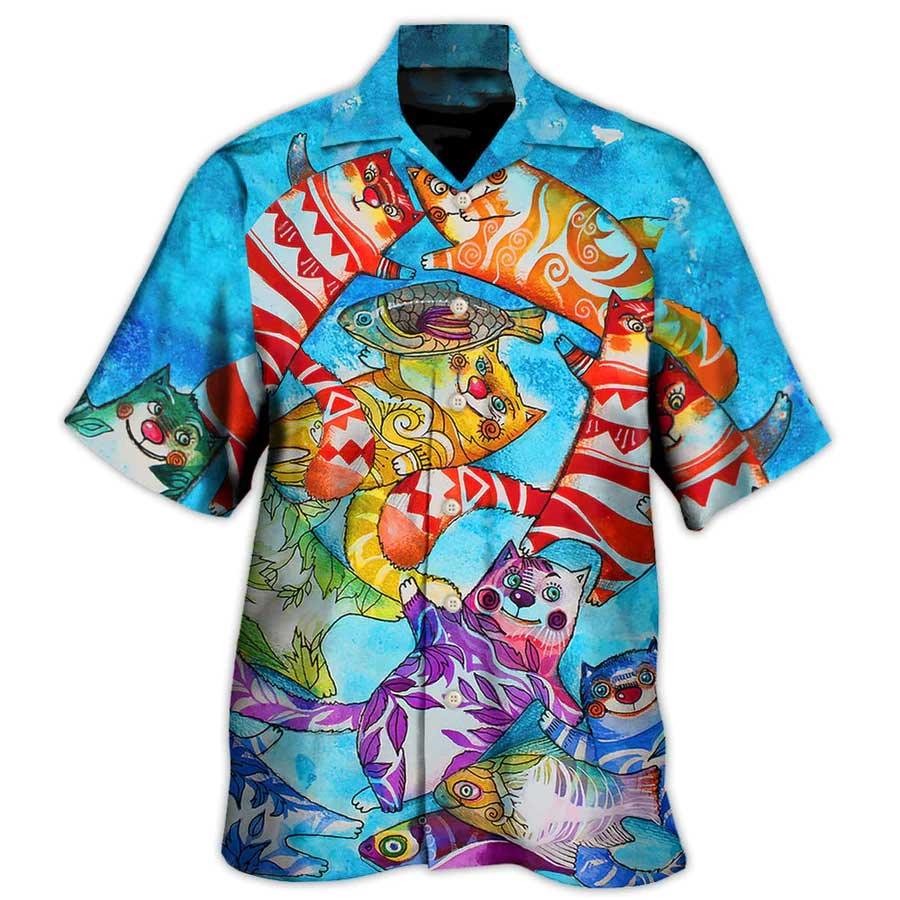 Cat And Fish Hawaiian Shirt For Summer, Best Colorful Cool Cat Hawaiian Shirts Outfit For Men Women, Friend, Team, Cat Lovers - Amzanimalsgift