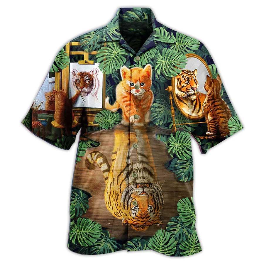 Cat And Tiger Hawaiian Shirt For Summer, Monstera Leaves, Best Colorful Cool Cat Hawaiian Shirts Outfit For Men Women, Friend, Team, Cat Lover - Amzanimalsgift