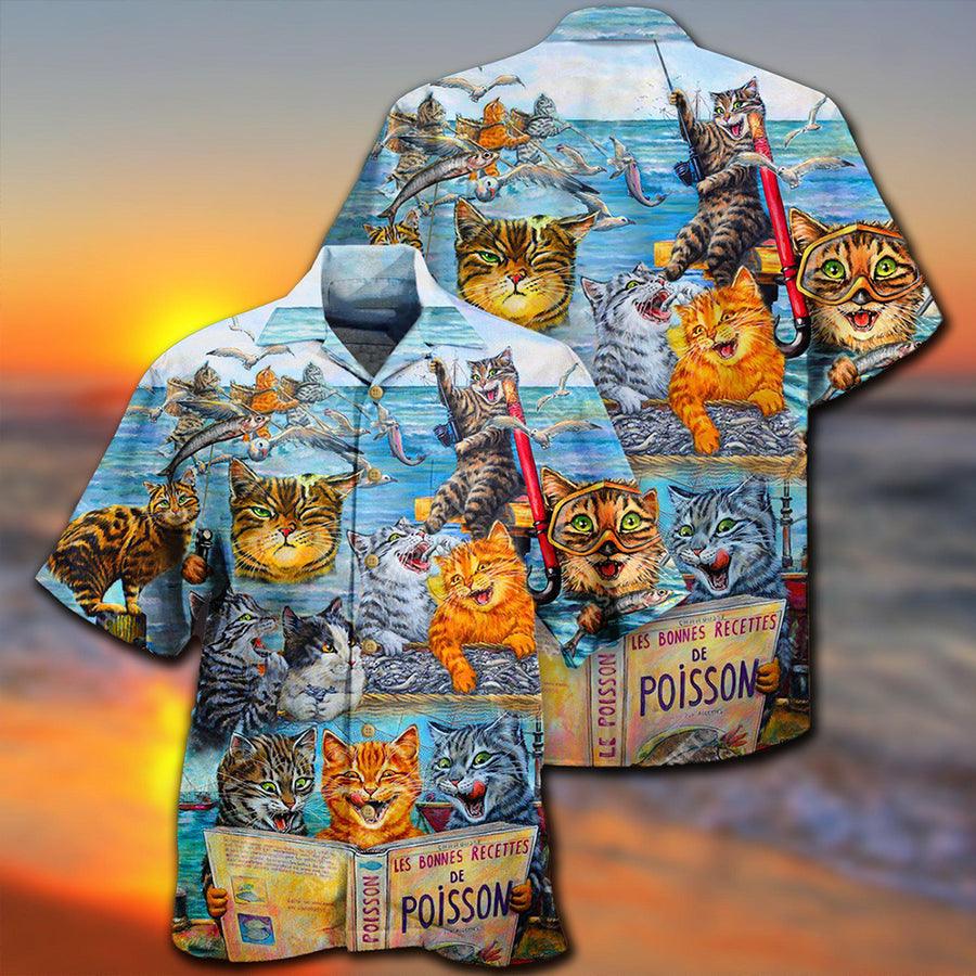 Cat Fishing Aloha Hawaiian Shirt For Summer, Cat Taught Man To Fish And Bring It To Them Hawaiian Shirts Outfit For Men Women, Friend, Cat Lovers - Amzanimalsgift
