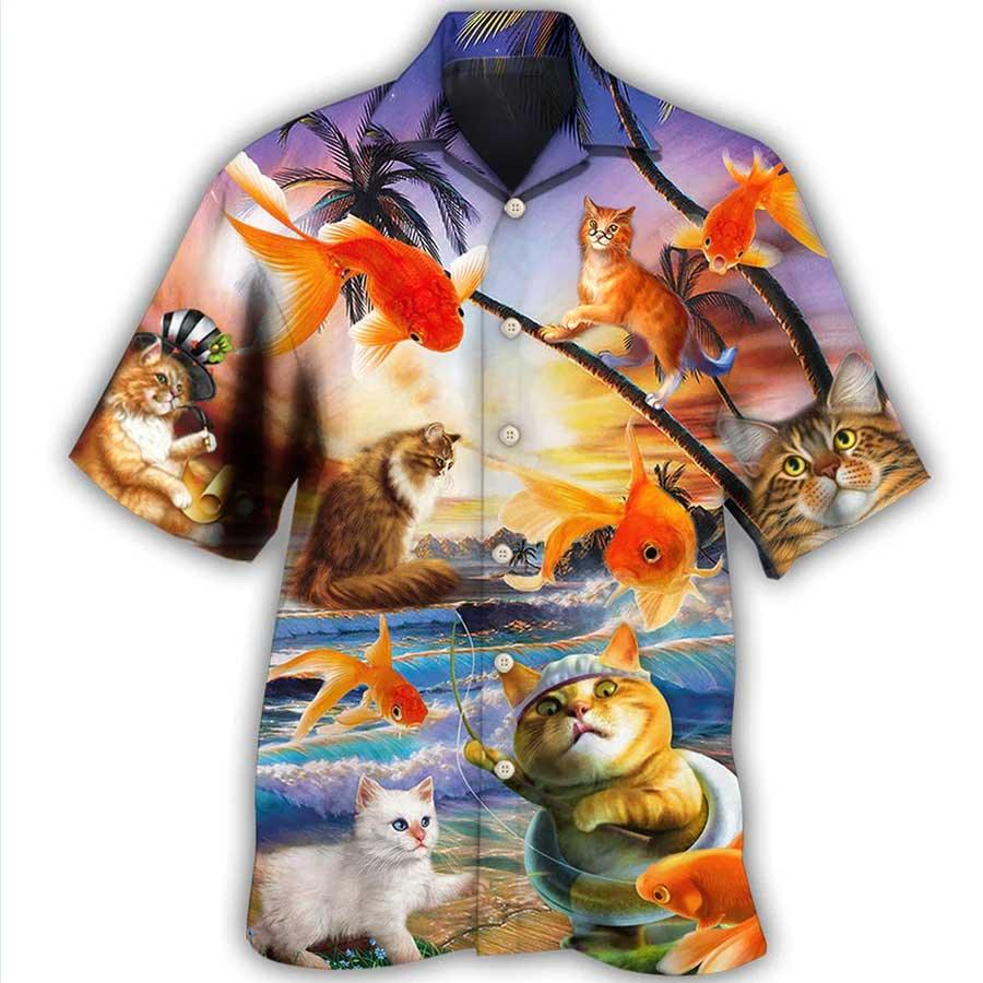 Cat Hawaiian Shirt For Summer, Cat Catches Fish Style, Best Colorful Cool Cat Hawaiian Shirts Outfit For Men Women, Friend, Team, Cat Lover - Amzanimalsgift