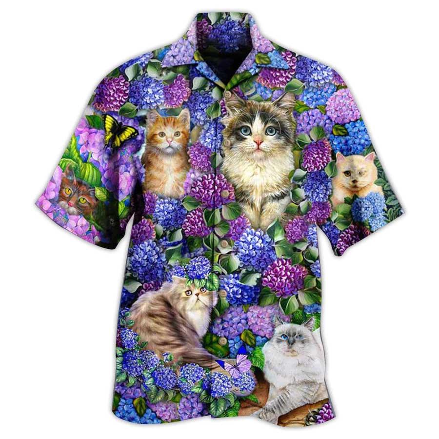 Cat Hawaiian Shirt For Summer, Cat In Hydrangea Garden Aloha Shirts - Best Cool Cat Hawaiian Shirts Outfit For Men Women, Friend, Team, Cat Lovers - Amzanimalsgift