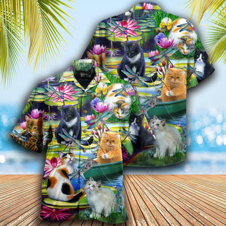 Cat Hawaiian Shirt For Summer, Cat In Lily Lake, Best Colorful Cool Cat Hawaiian Shirts Outfit For Men Women, Friend, Team, Cat Lover - Amzanimalsgift