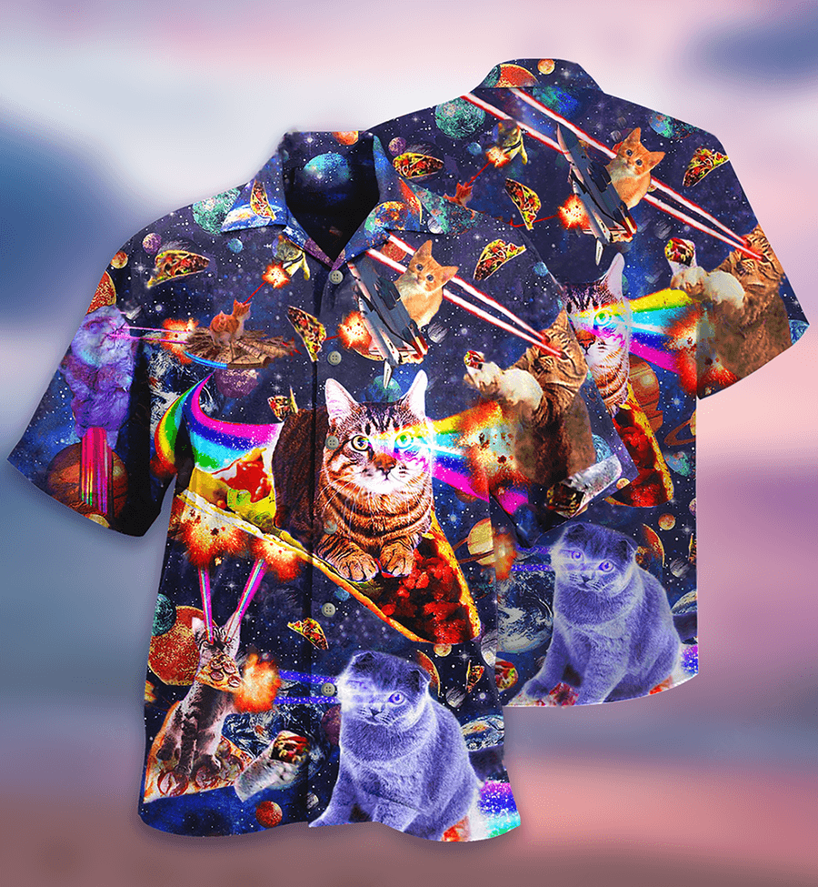 Cat Hawaiian Shirt For Summer, Cat Ride Food In Space Galaxy Aloha Shirt, Colorful Cool Cat Hawaiian Shirts For Men Women, Friend, Team, Cat Lovers - Amzanimalsgift