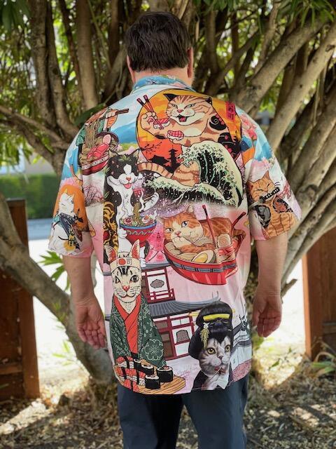 Cat Hawaiian Shirt For Summer, Cat Samurai With Ramen Aloha Shirts, Colorful Cool Cat Hawaiian Shirts Outfit For Men Women, Friend, Team, Cat Lovers - Amzanimalsgift
