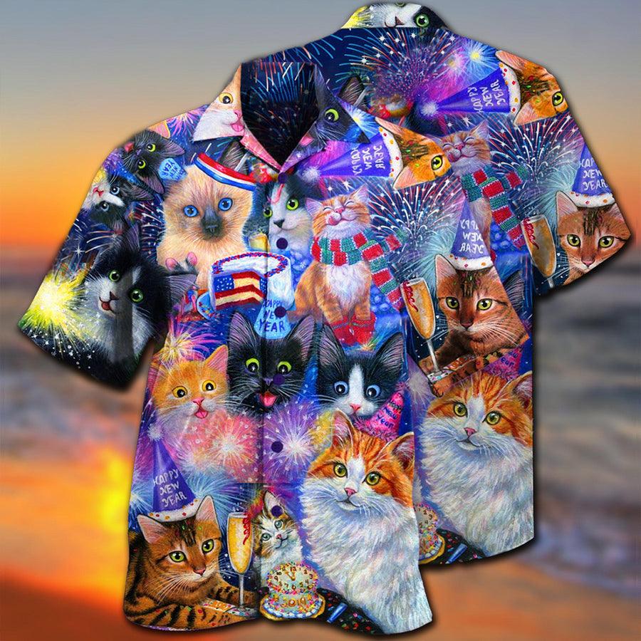 Cat Hawaiian Shirts For Summer, Cat Firework Aloha Shirt, Cat Wish You Happy New Year Hawaiian Shirts - Best Gift For Men Women, Friend, Team, Cat Lovers - Amzanimalsgift